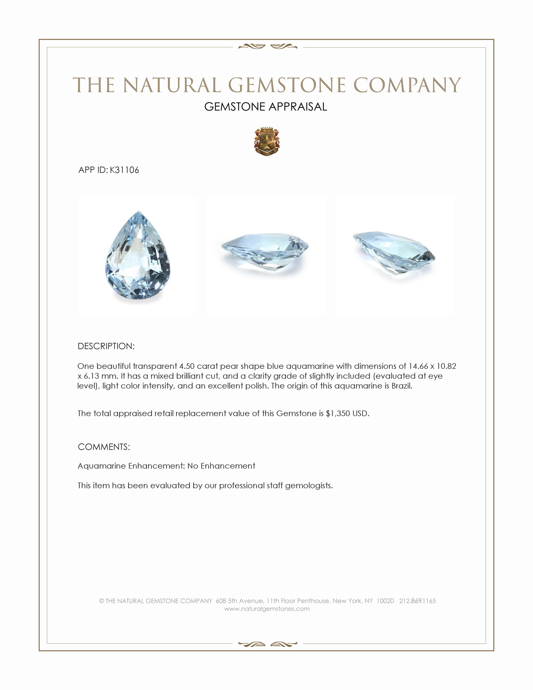 4.50 Ct. Blue Aquamarine from Brazil