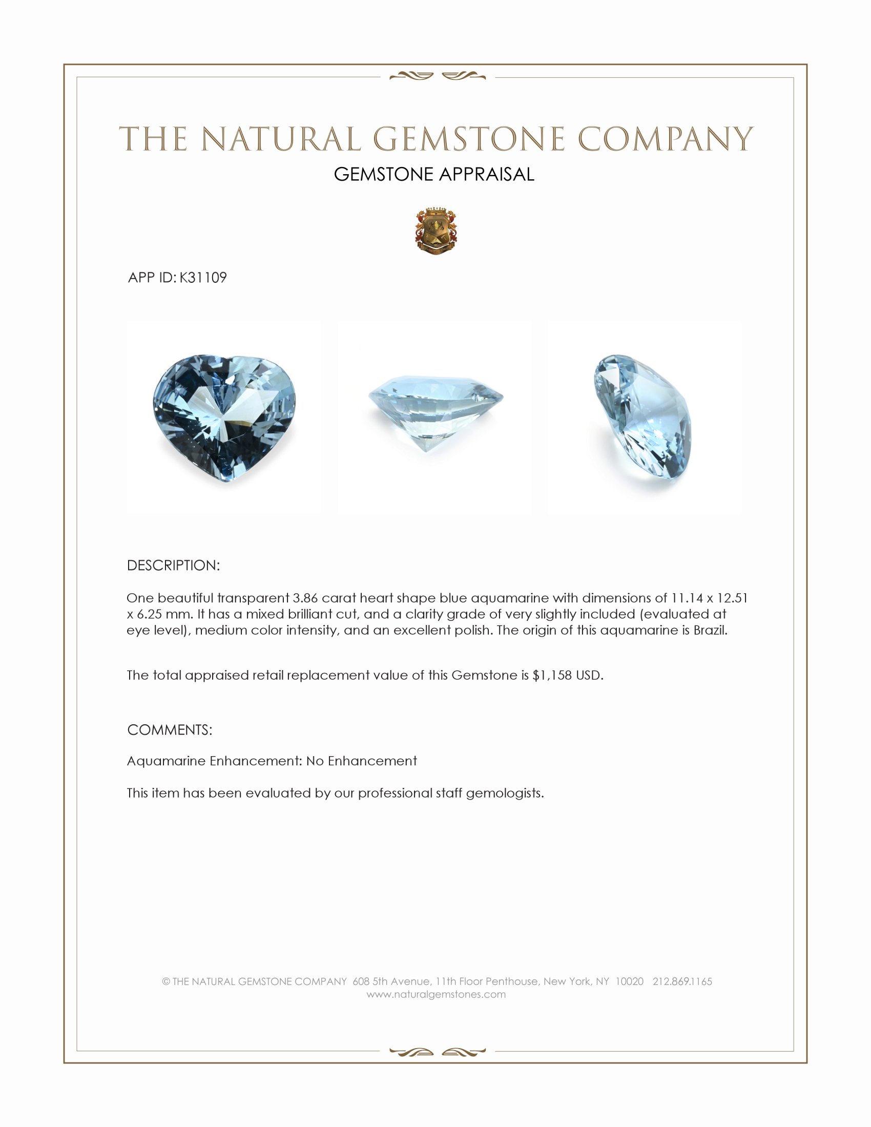 3.86 Ct. Blue Aquamarine from Brazil