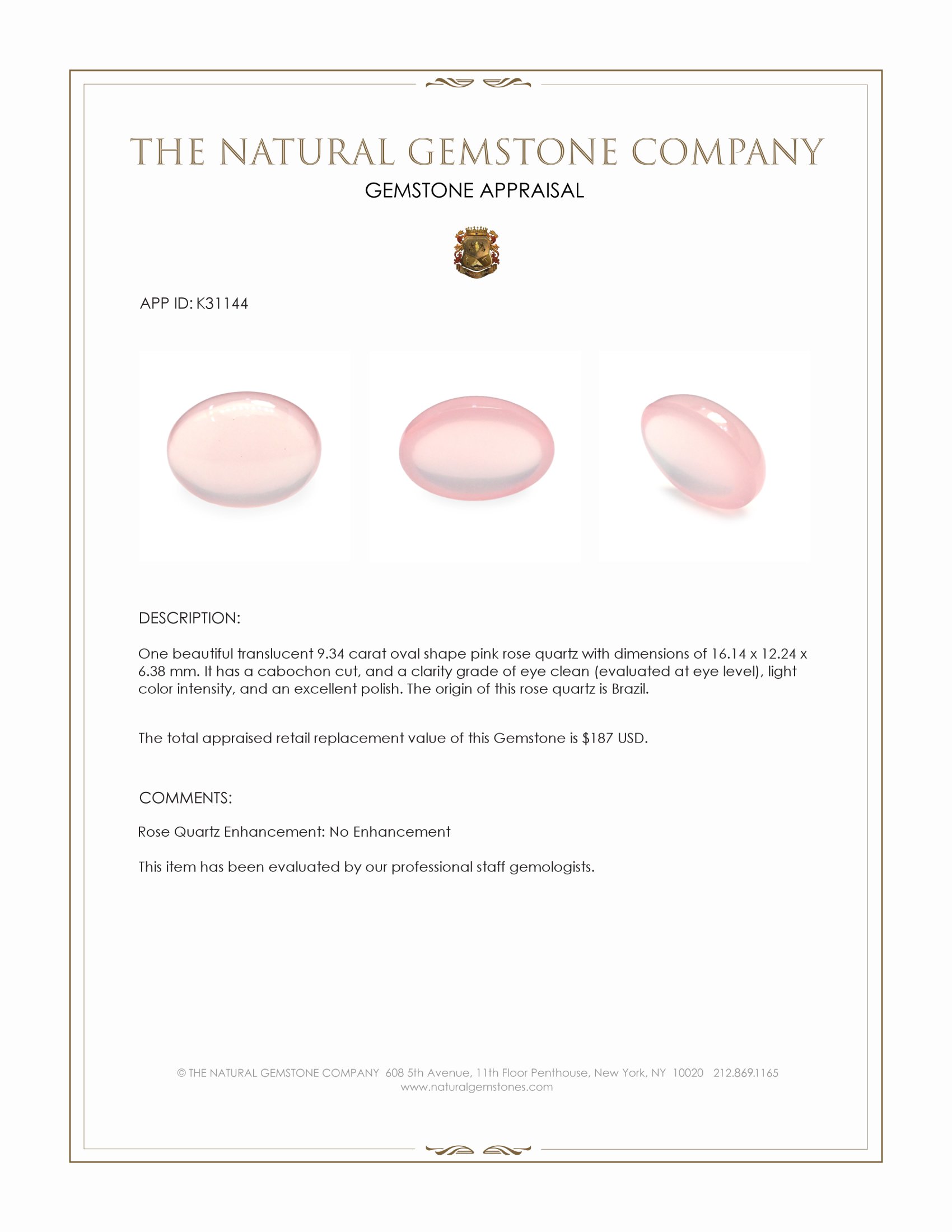 9.34 Ct. Pink Cabochon Rose Quartz from Brazil