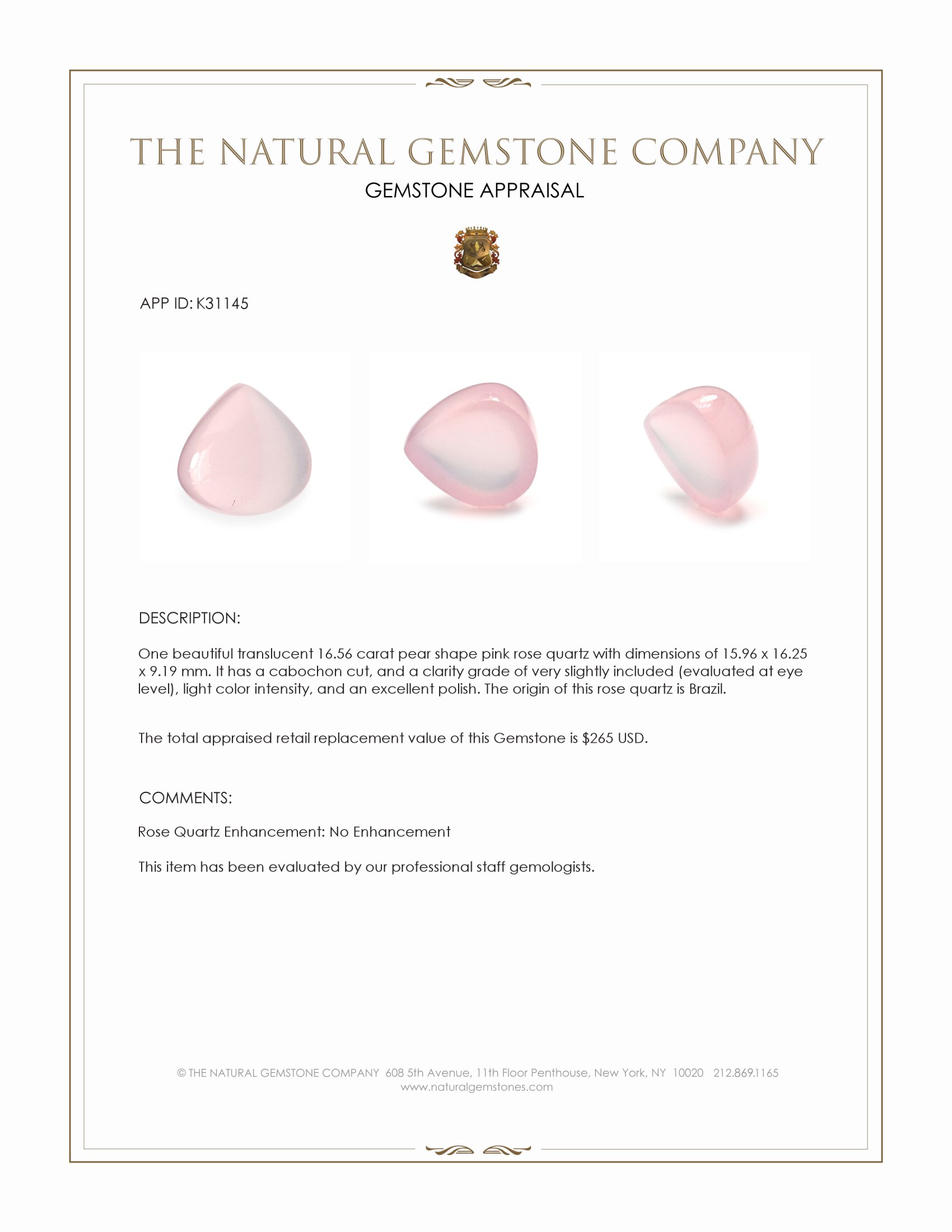 16.56 Ct. Pink Cabochon Rose Quartz from Brazil