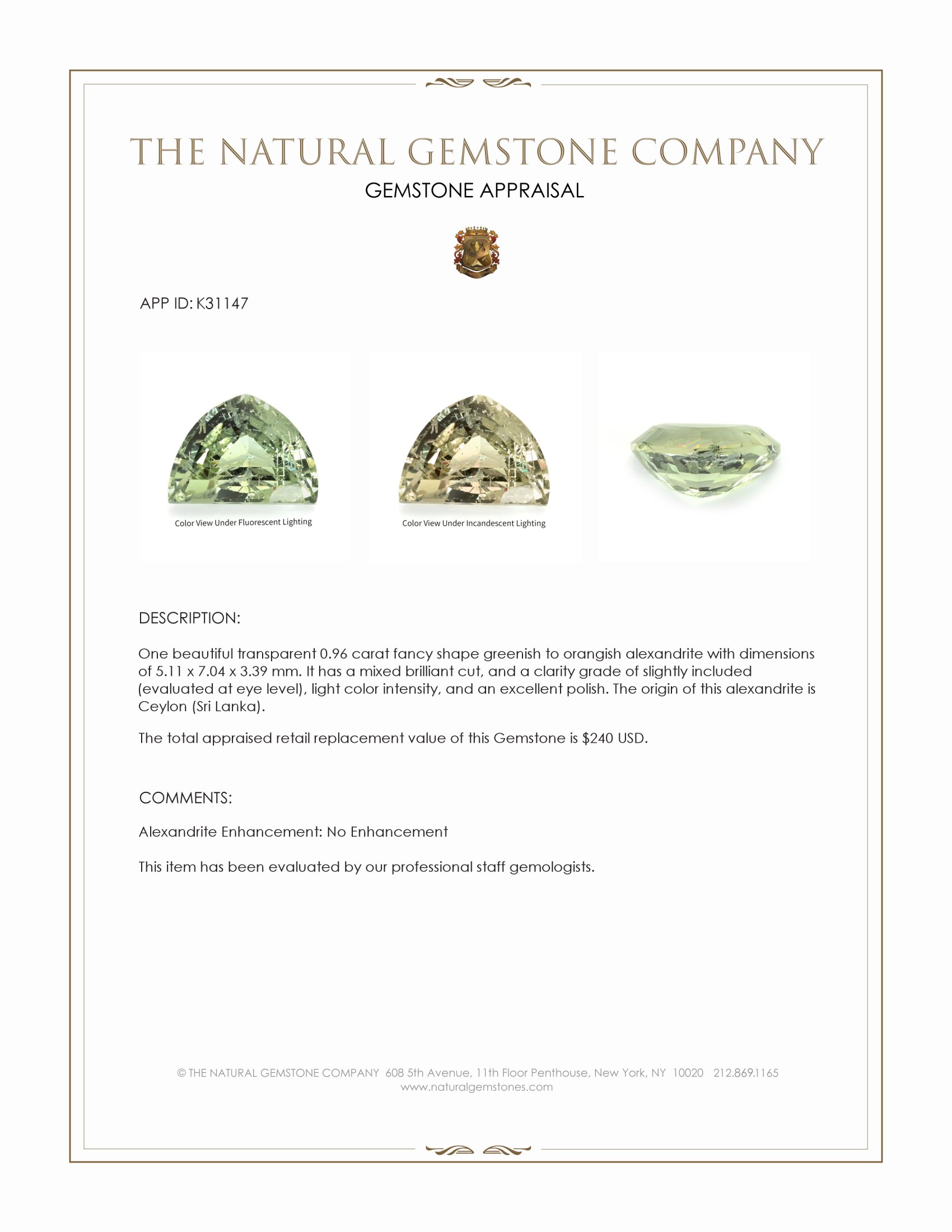 0.96 Ct. Alexandrite from Ceylon (Sri Lanka)