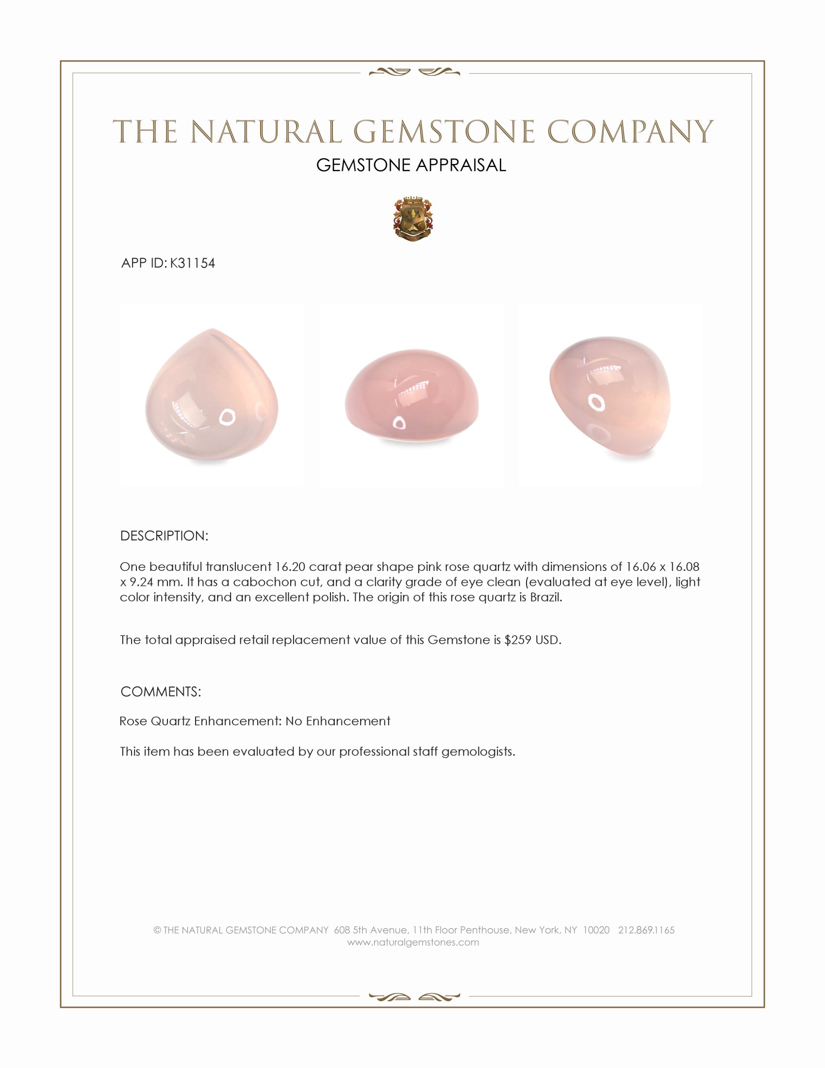 16.20 Ct. Pink Cabochon Rose Quartz from Brazil