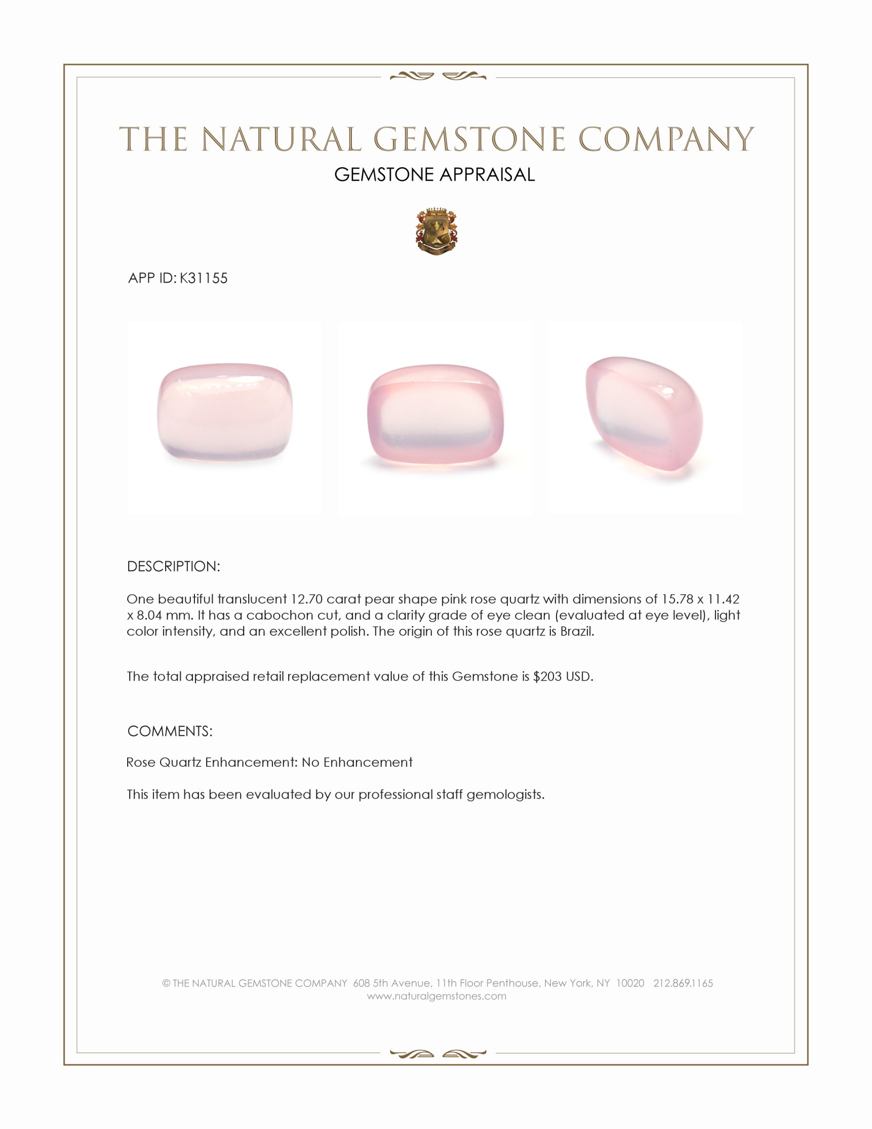 12.70 Ct. Pink Cabochon Rose Quartz from Brazil
