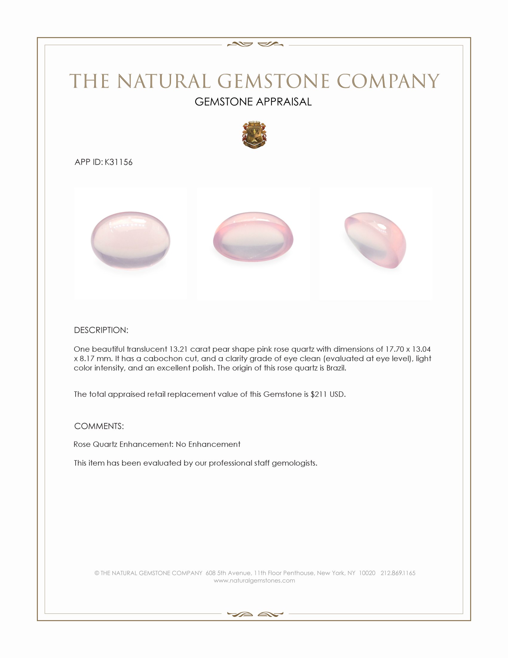 13.21 Ct. Pink Cabochon Rose Quartz from Brazil