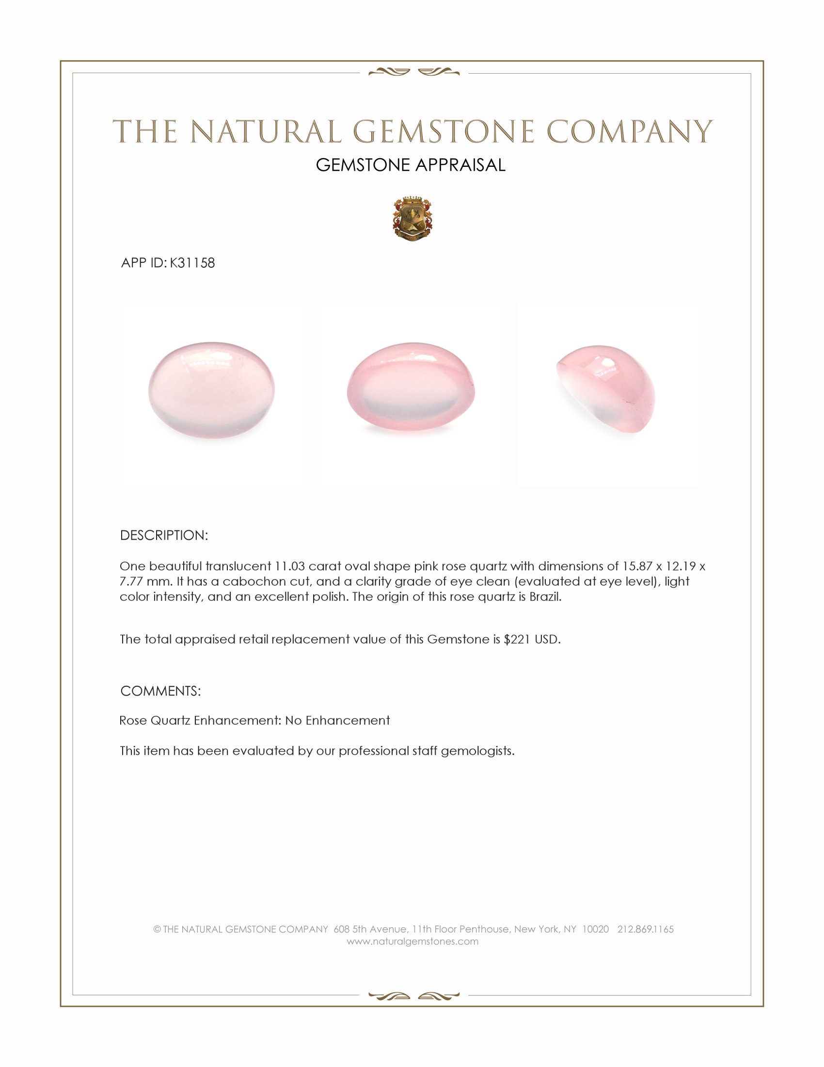 11.03 Ct. Pink Cabochon Rose Quartz from Brazil