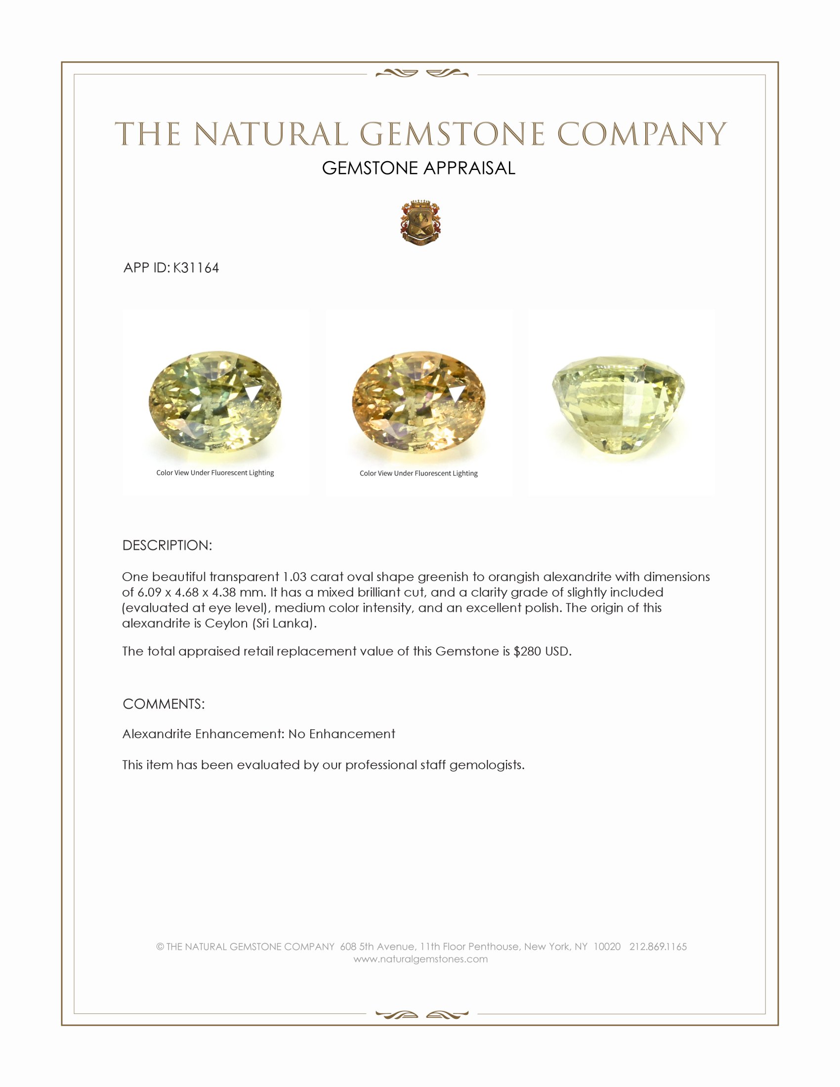 1.03 Ct. Alexandrite from Ceylon (Sri Lanka)
