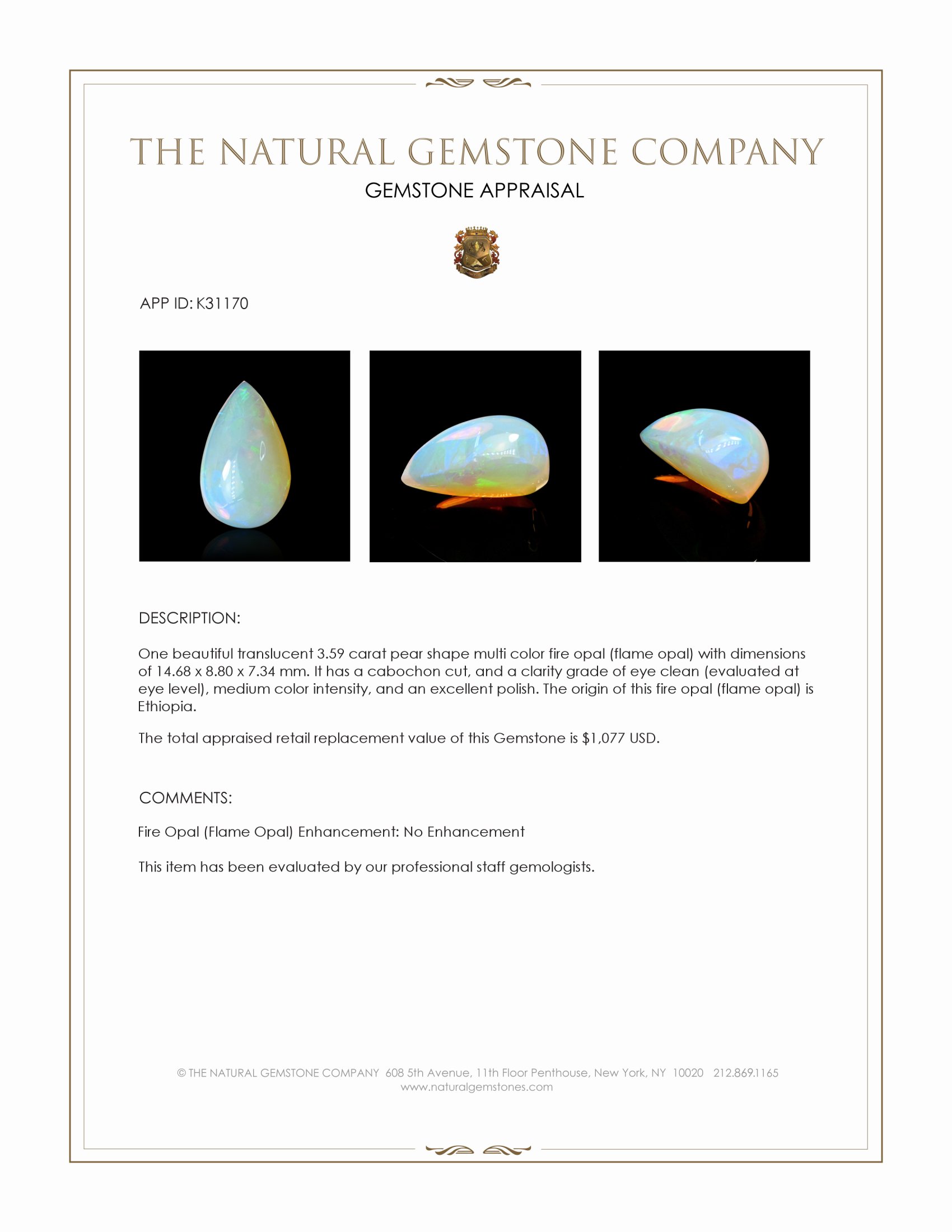 3.59 Ct. Multi Color Cabochon Fire Opal (Flame Opal) from Ethiopia