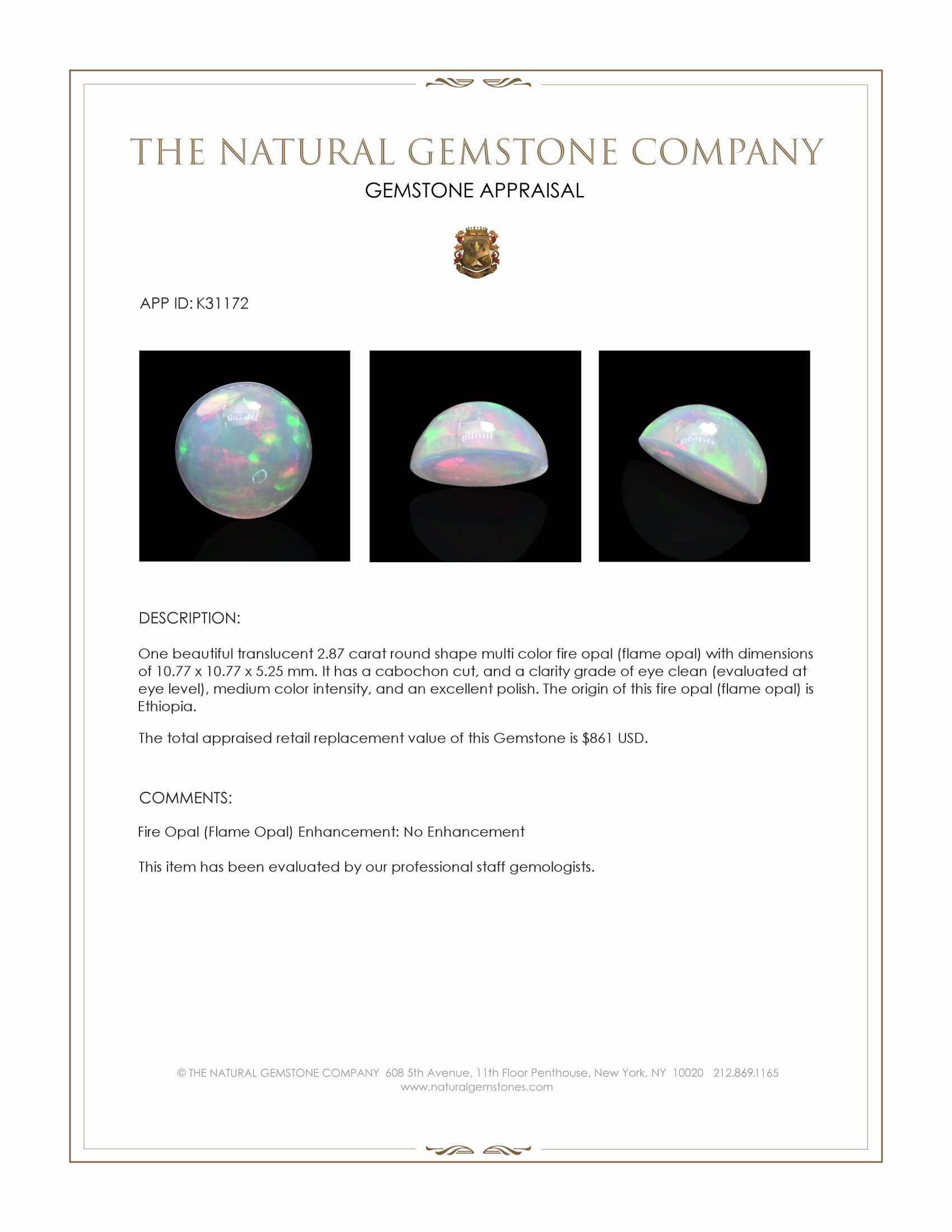 2.87 Ct. Multi Color Cabochon Fire Opal (Flame Opal) from Ethiopia