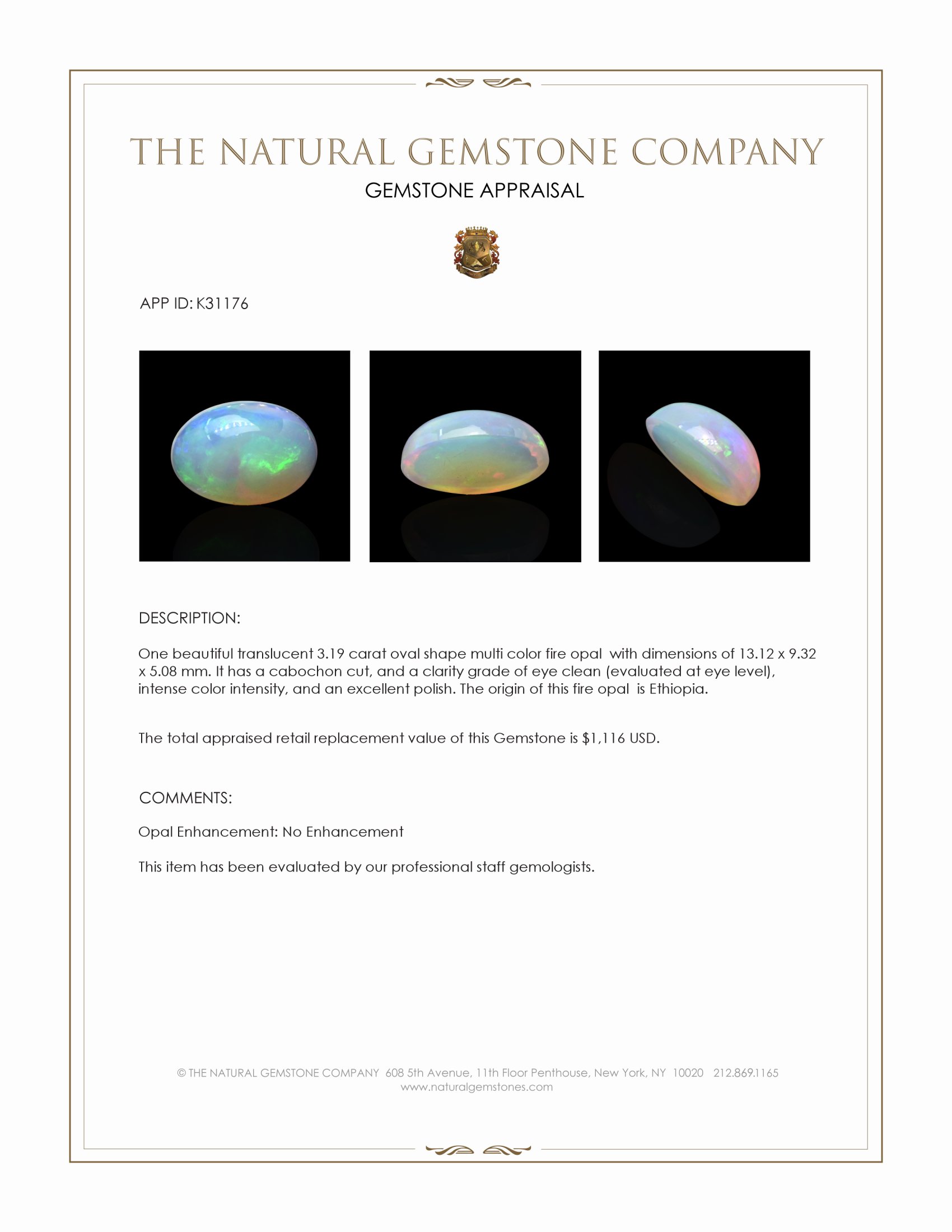 3.19 Ct. Multi Color Cabochon Fire Opal (Flame Opal) from Ethiopia