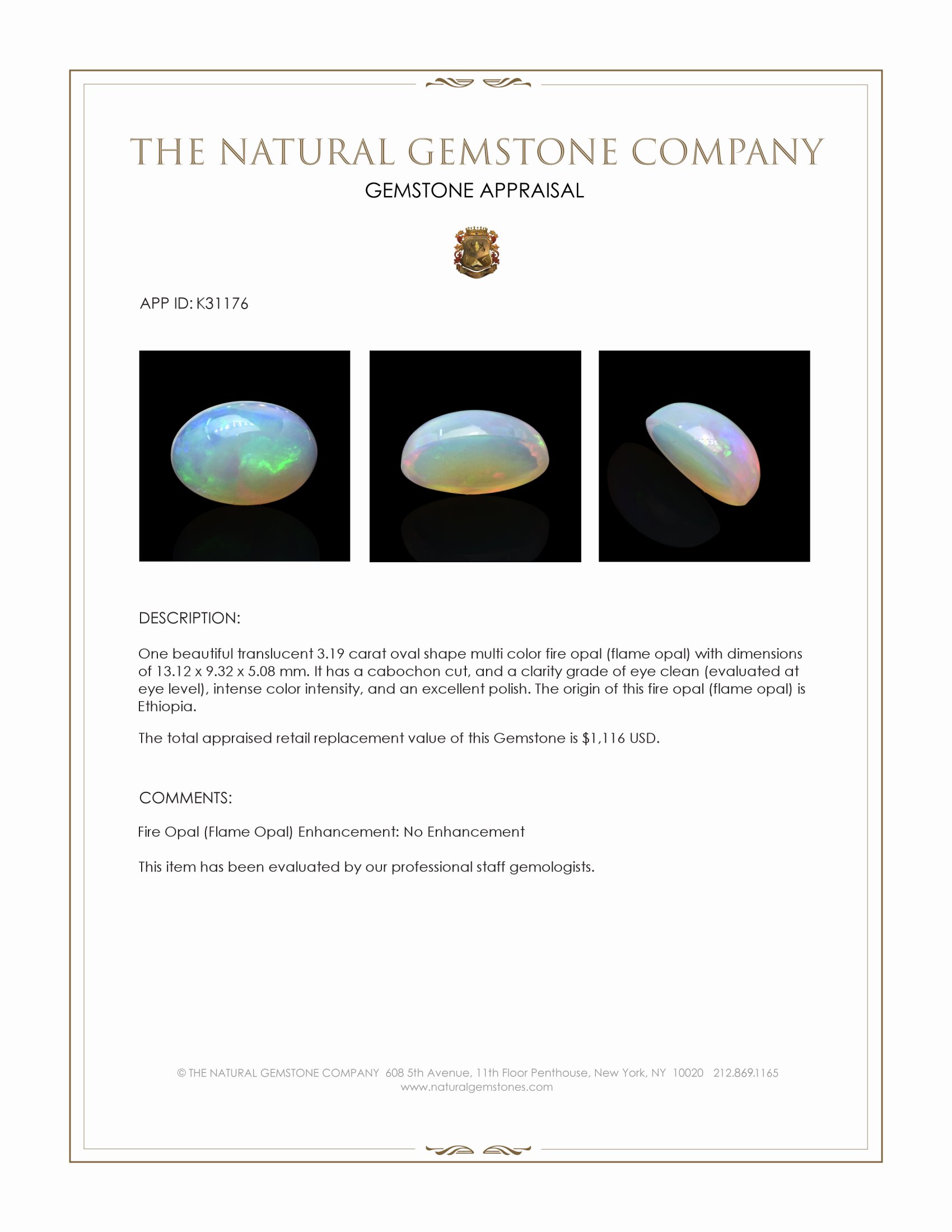 3.19 Ct. Multi Color Cabochon Fire Opal (Flame Opal) from Ethiopia