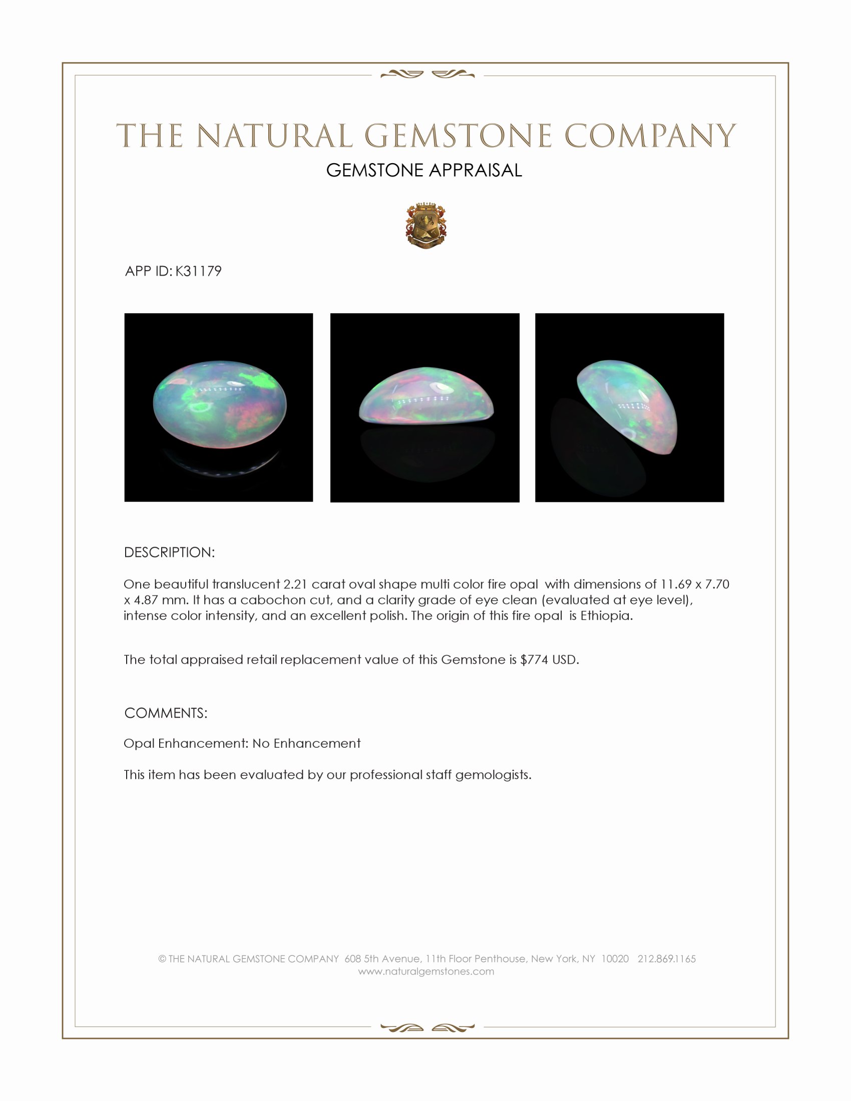 2.21 Ct. Multi Color Cabochon Fire Opal (Flame Opal) from Ethiopia