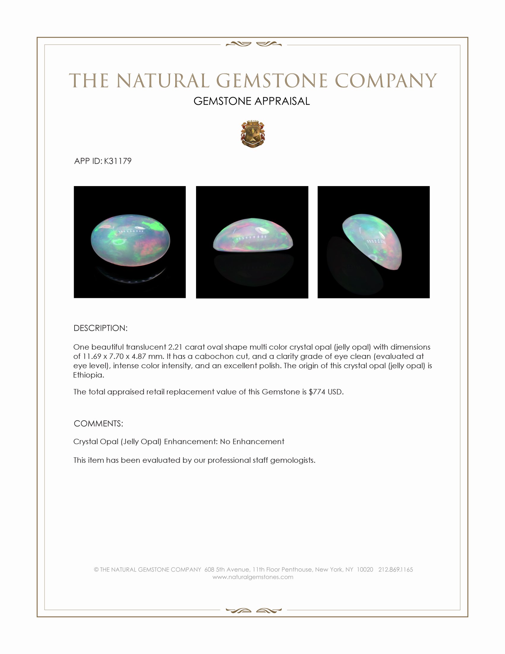 2.21 Ct. Multi Color Cabochon Crystal Opal (Jelly Opal) from Ethiopia