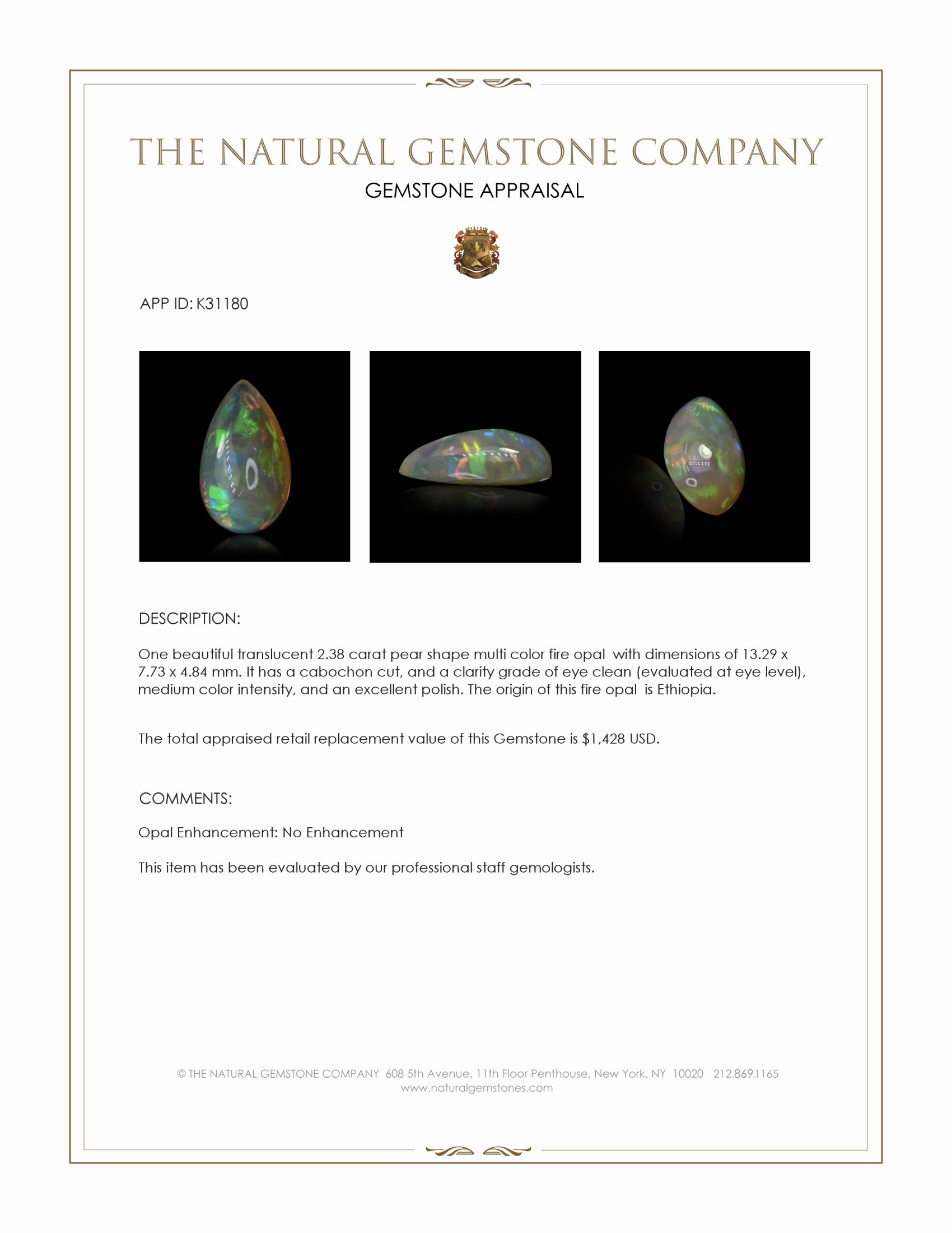 2.38 Ct. Multi Color Cabochon Fire Opal (Flame Opal) from Ethiopia
