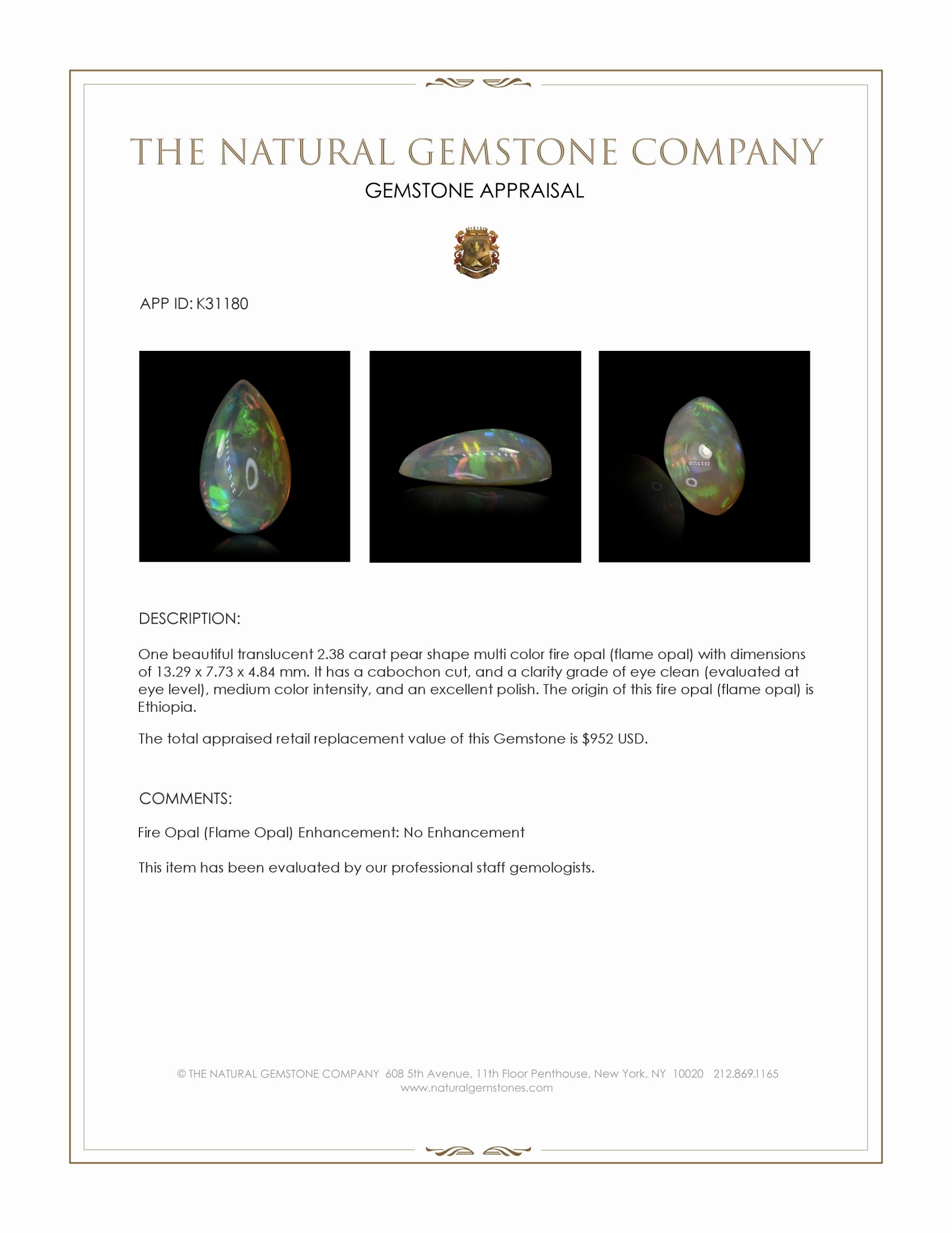 2.38 Ct. Multi Color Cabochon Fire Opal (Flame Opal) from Ethiopia