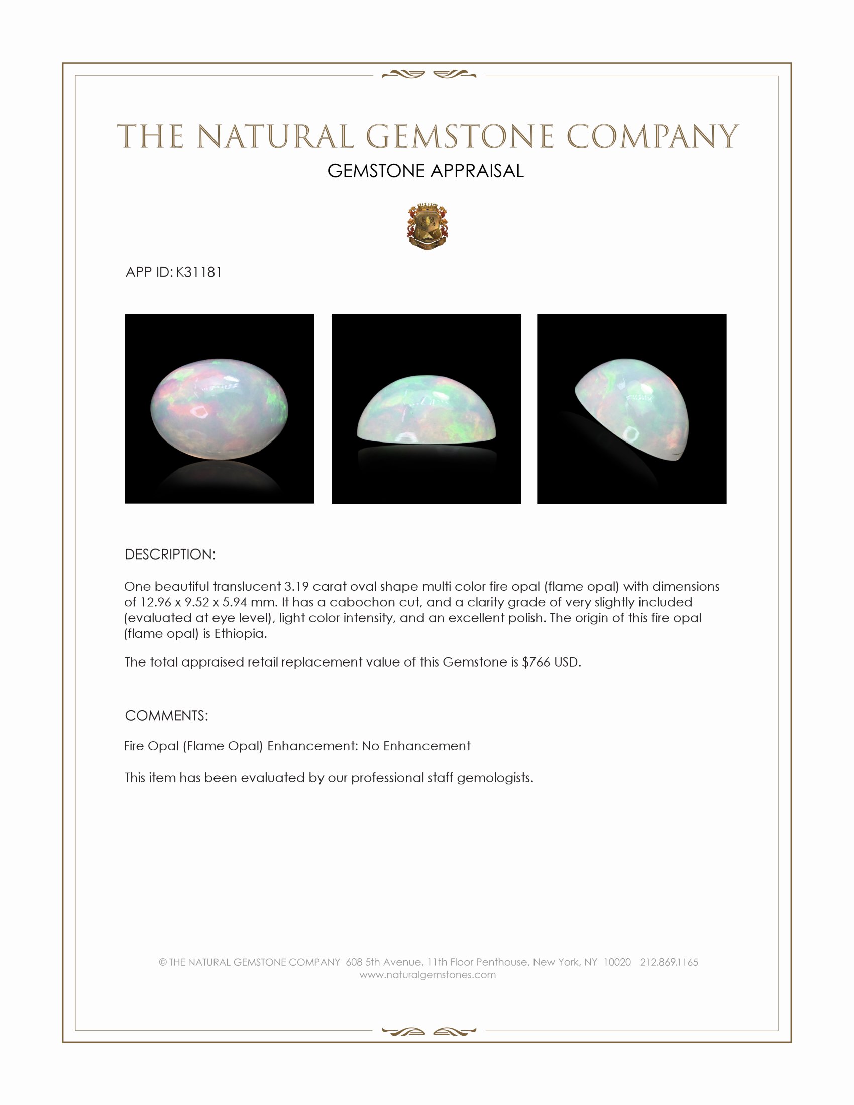 3.19 Ct. Multi Color Cabochon Fire Opal (Flame Opal) from Ethiopia
