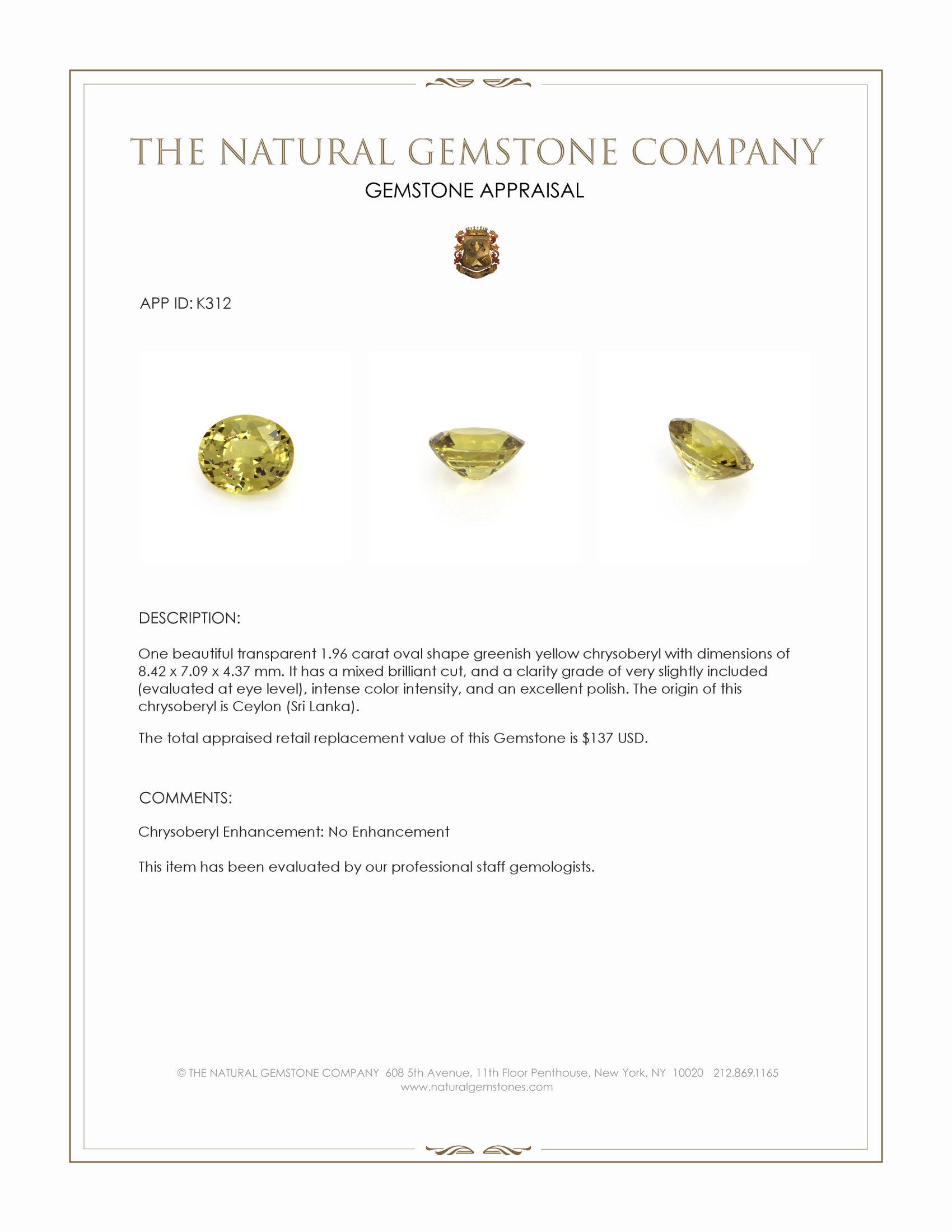 1.96 Ct. Chrysoberyl from Ceylon (Sri Lanka)