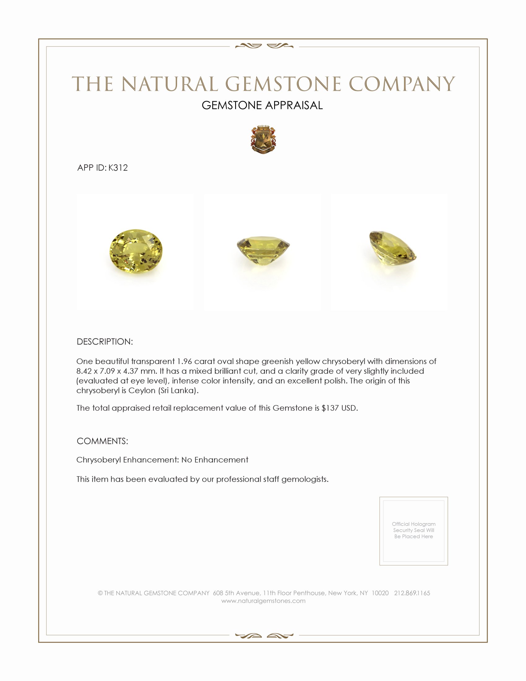 1.96 Ct. Chrysoberyl from Ceylon (Sri Lanka)