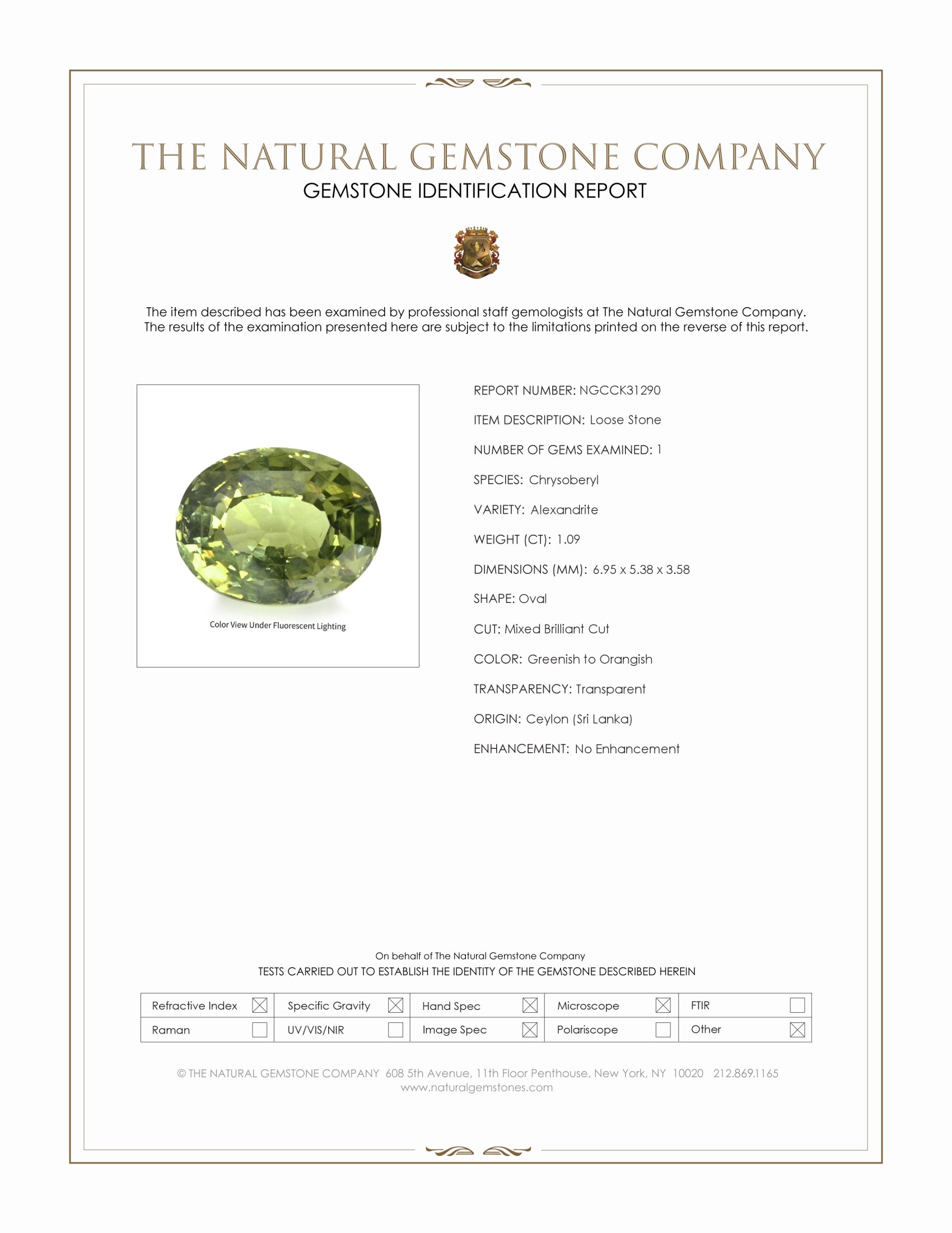 1.09 Ct. Alexandrite from Ceylon (Sri Lanka)