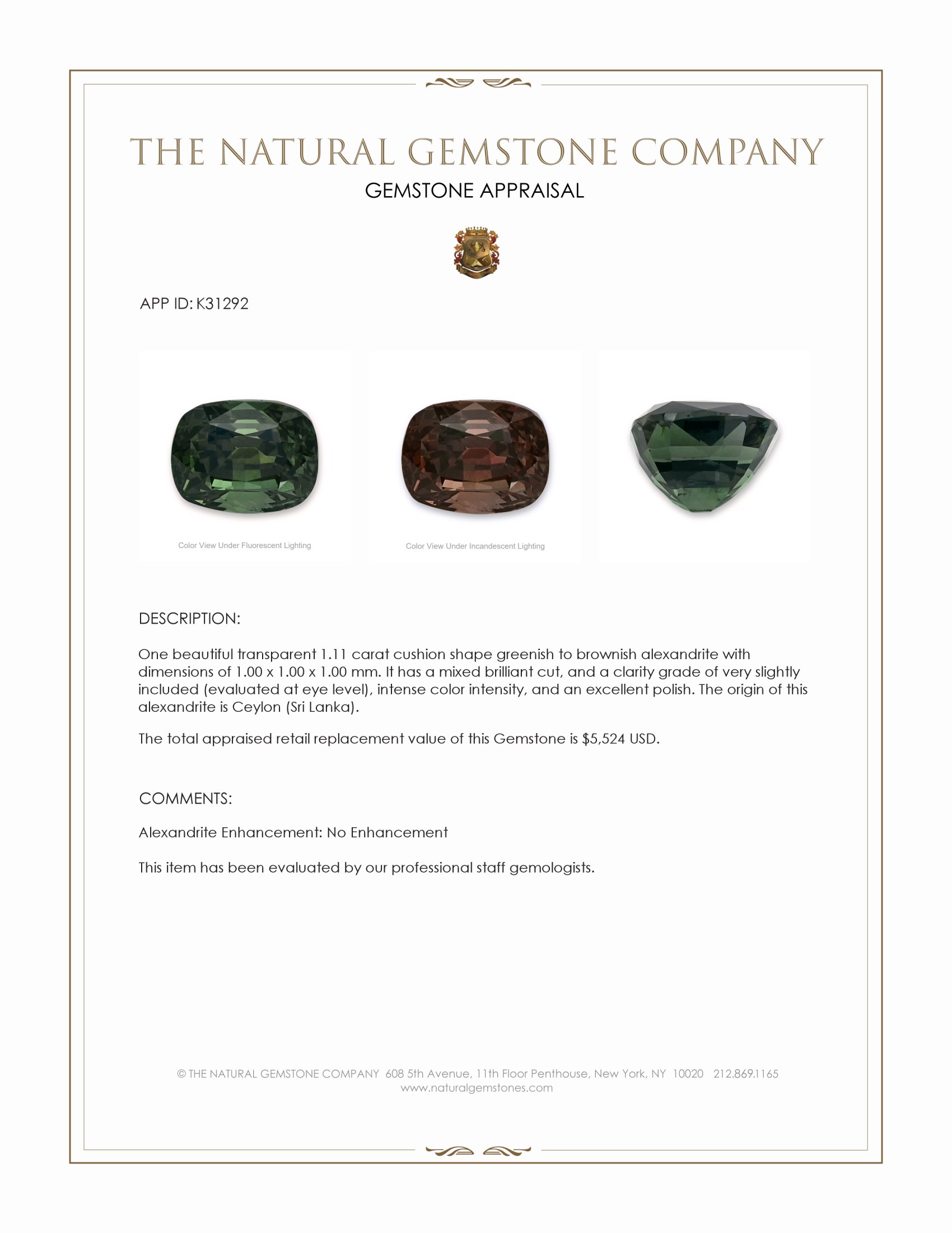 1.11 Ct. Alexandrite from Ceylon (Sri Lanka)