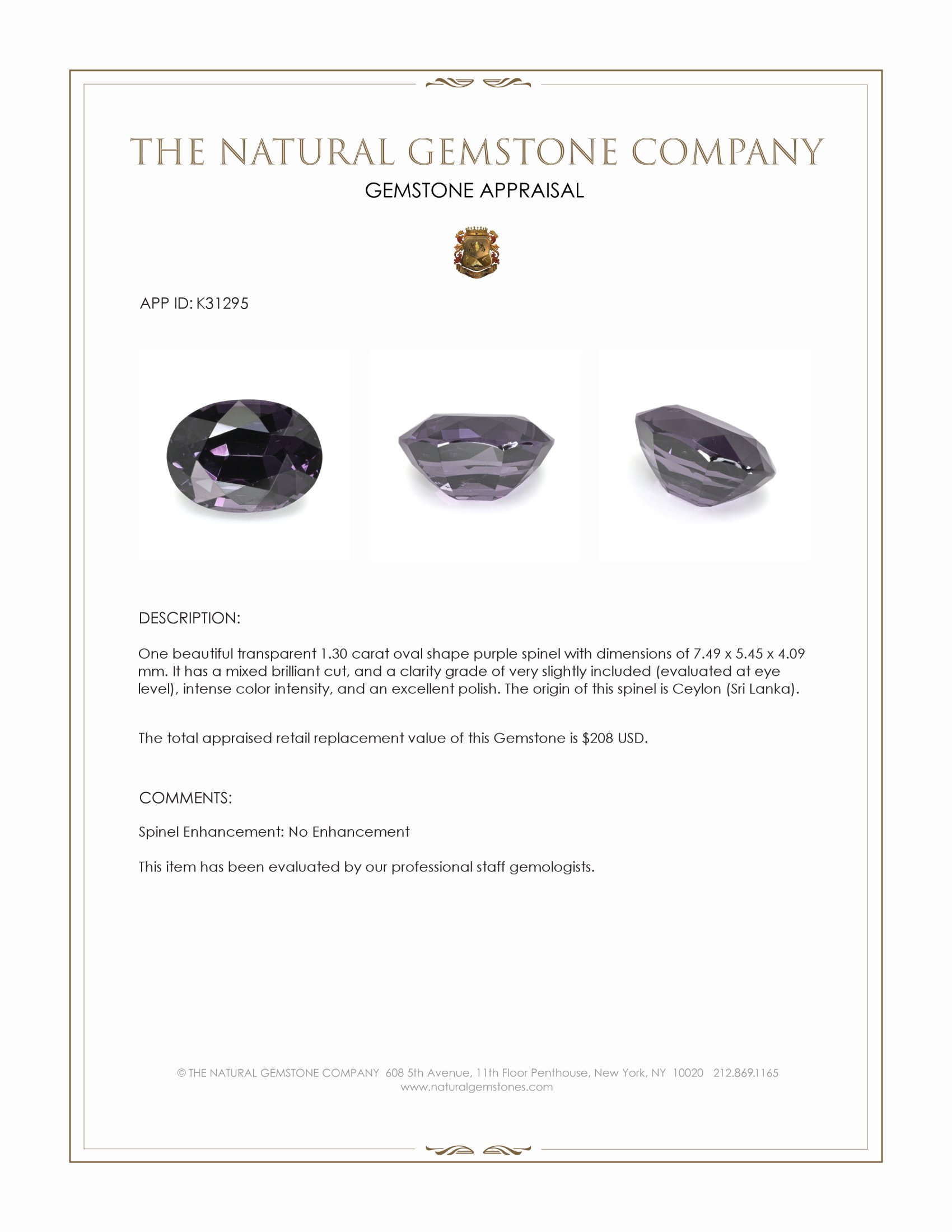 1.30 Ct. Purple Spinel from Ceylon (Sri Lanka)