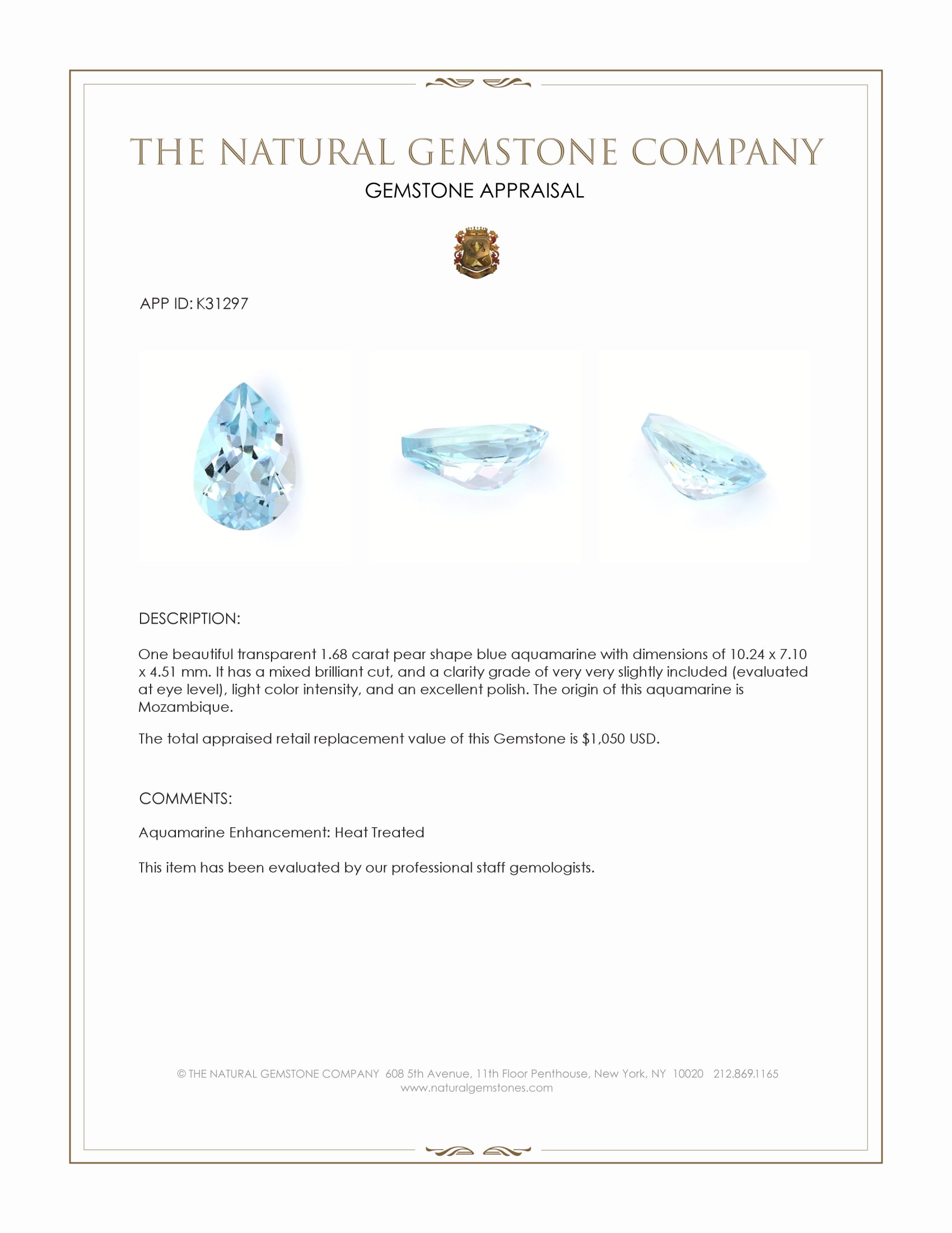 1.68 Ct. Blue Aquamarine from Mozambique