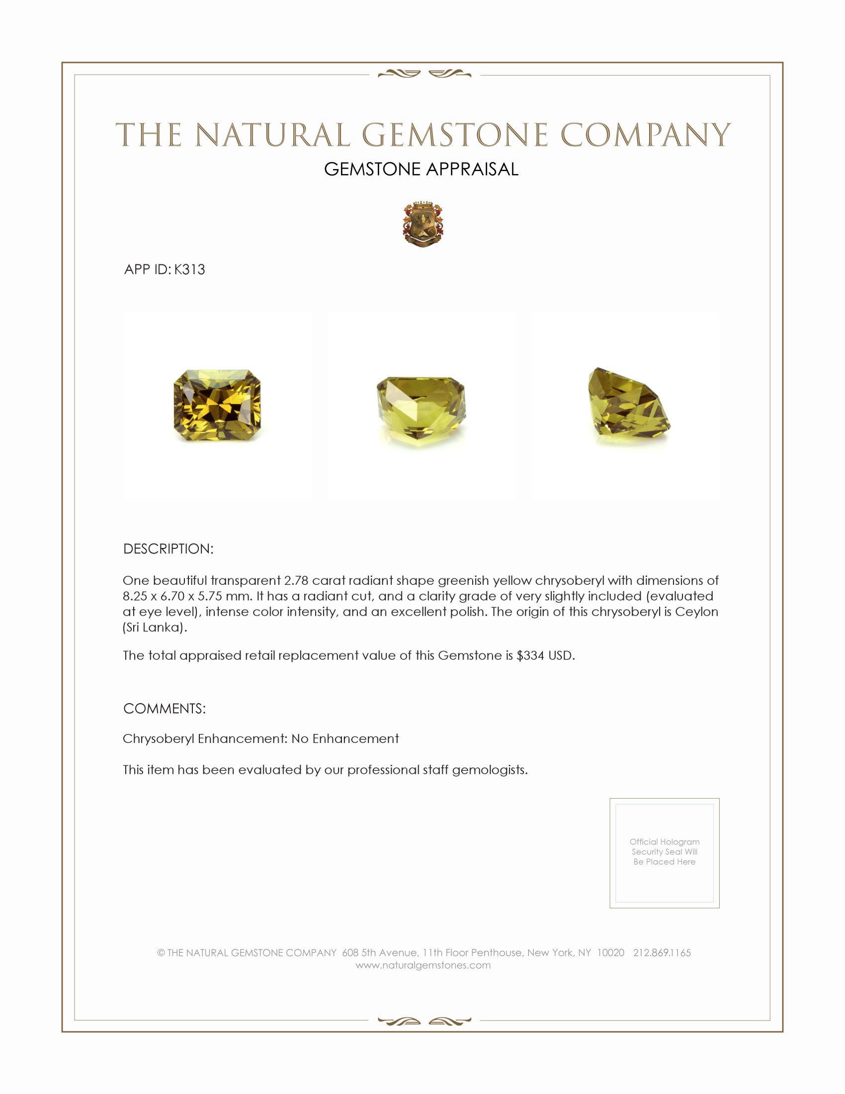 2.78 Ct. Greenish Yellow Chrysoberyl from Ceylon (Sri Lanka)