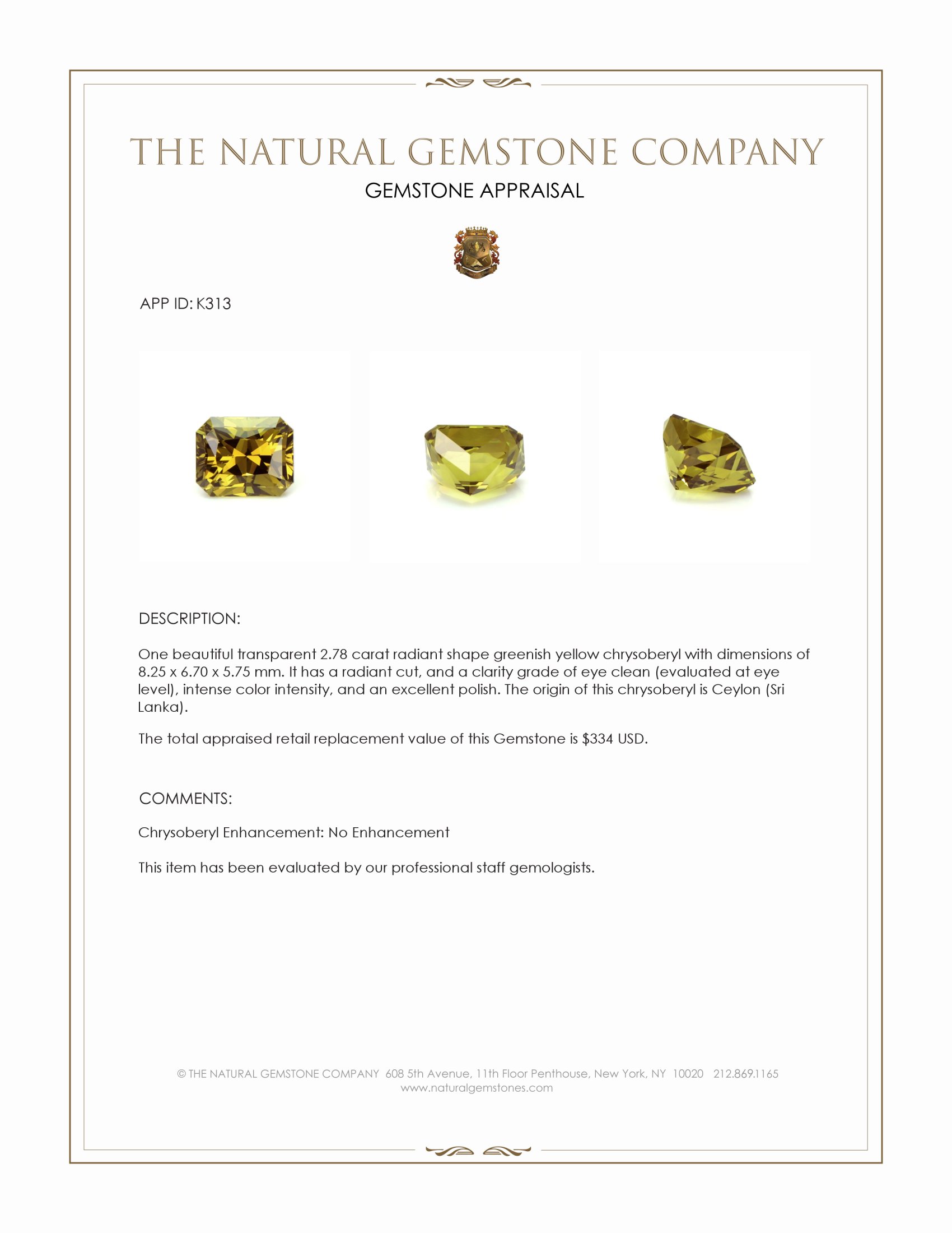 2.78 Ct. Chrysoberyl from Ceylon (Sri Lanka)