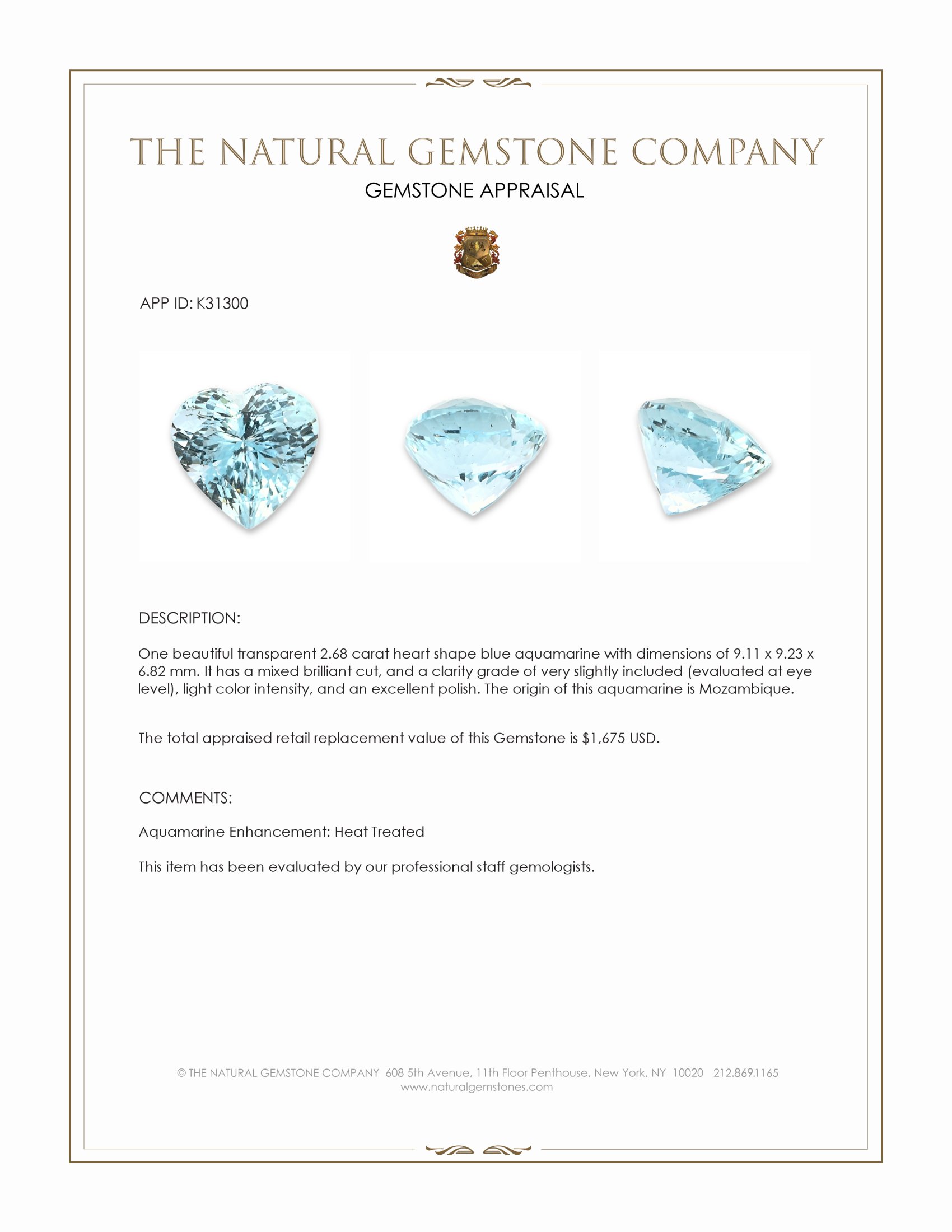 2.68 Ct. Blue Aquamarine from Mozambique