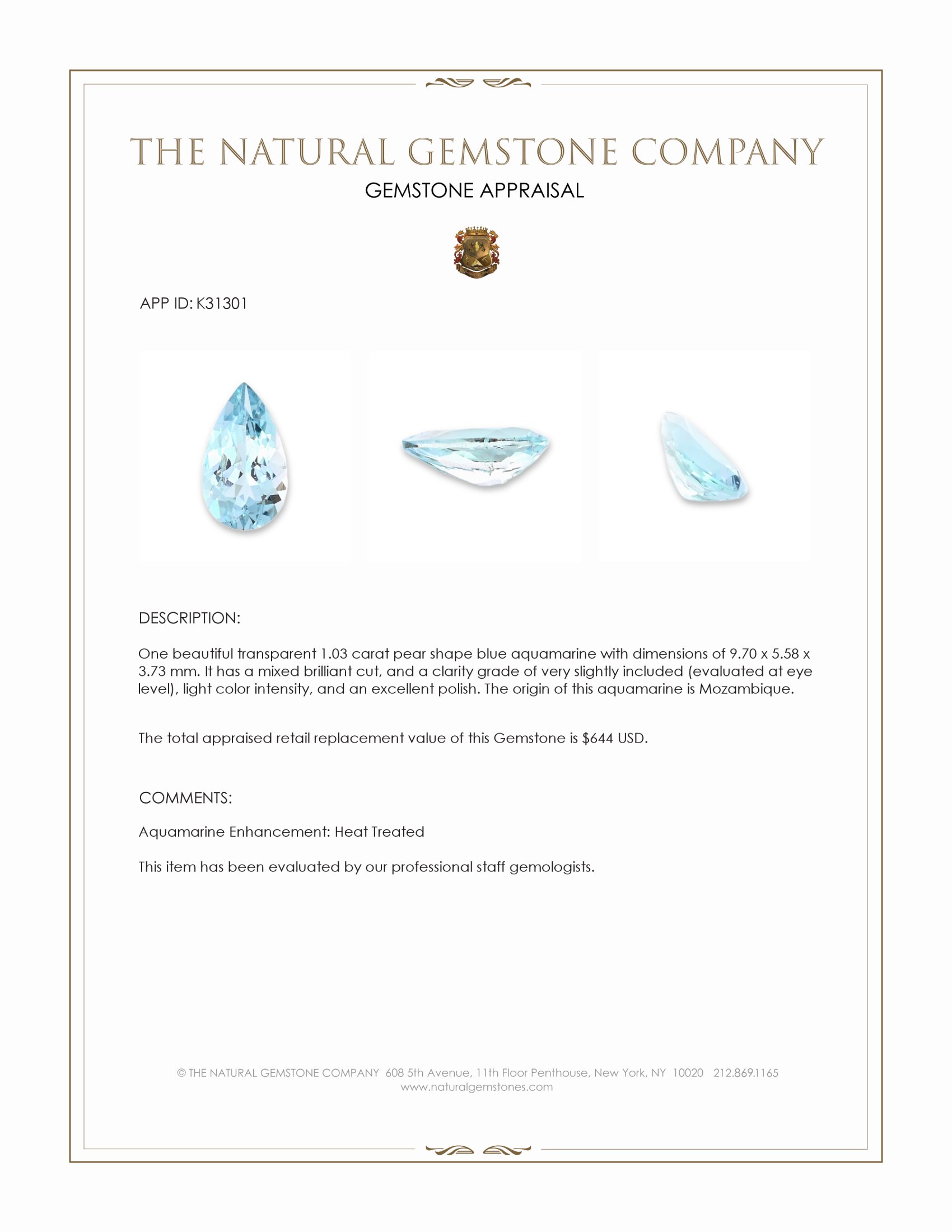 1.03 Ct. Blue Aquamarine from Mozambique