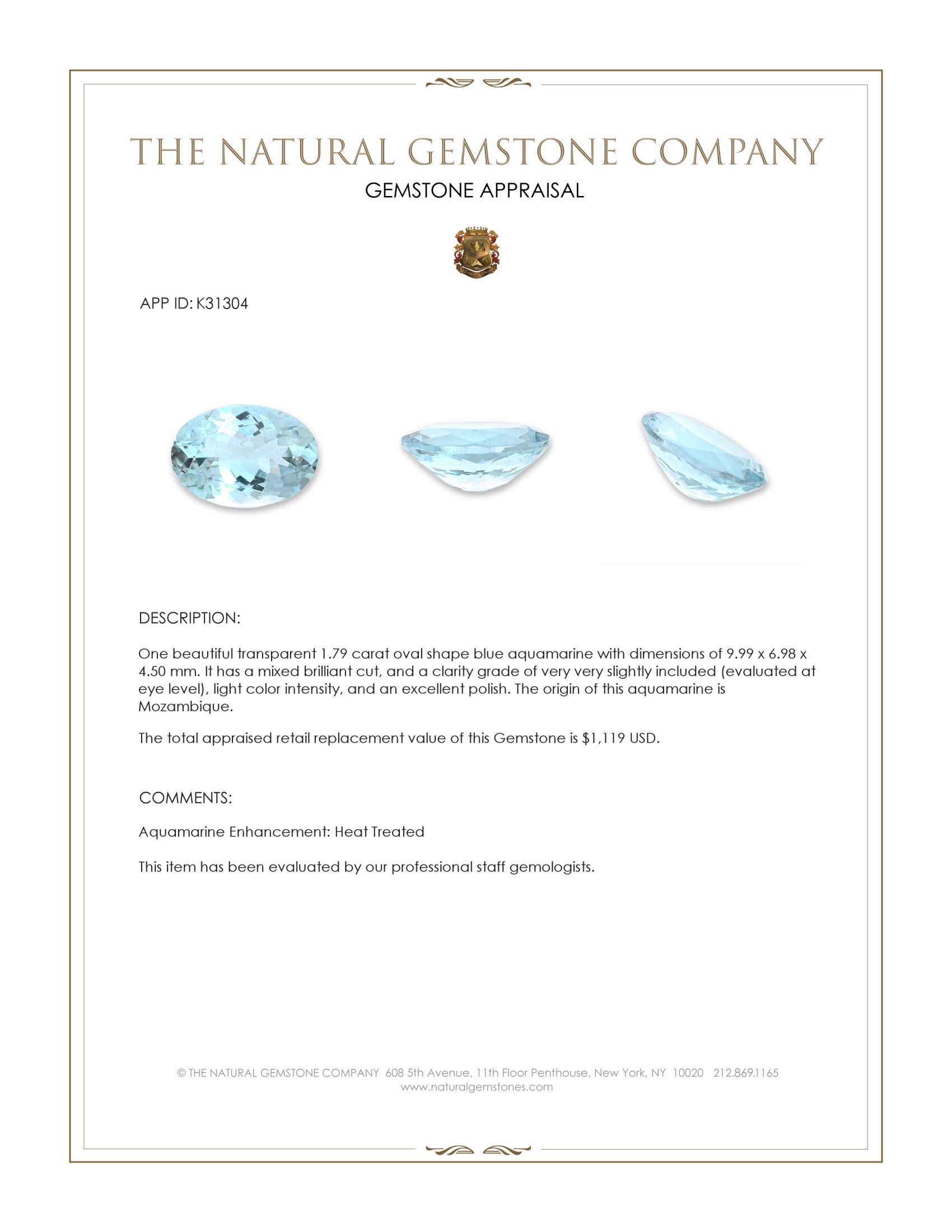 1.79 Ct. Blue Aquamarine from Mozambique
