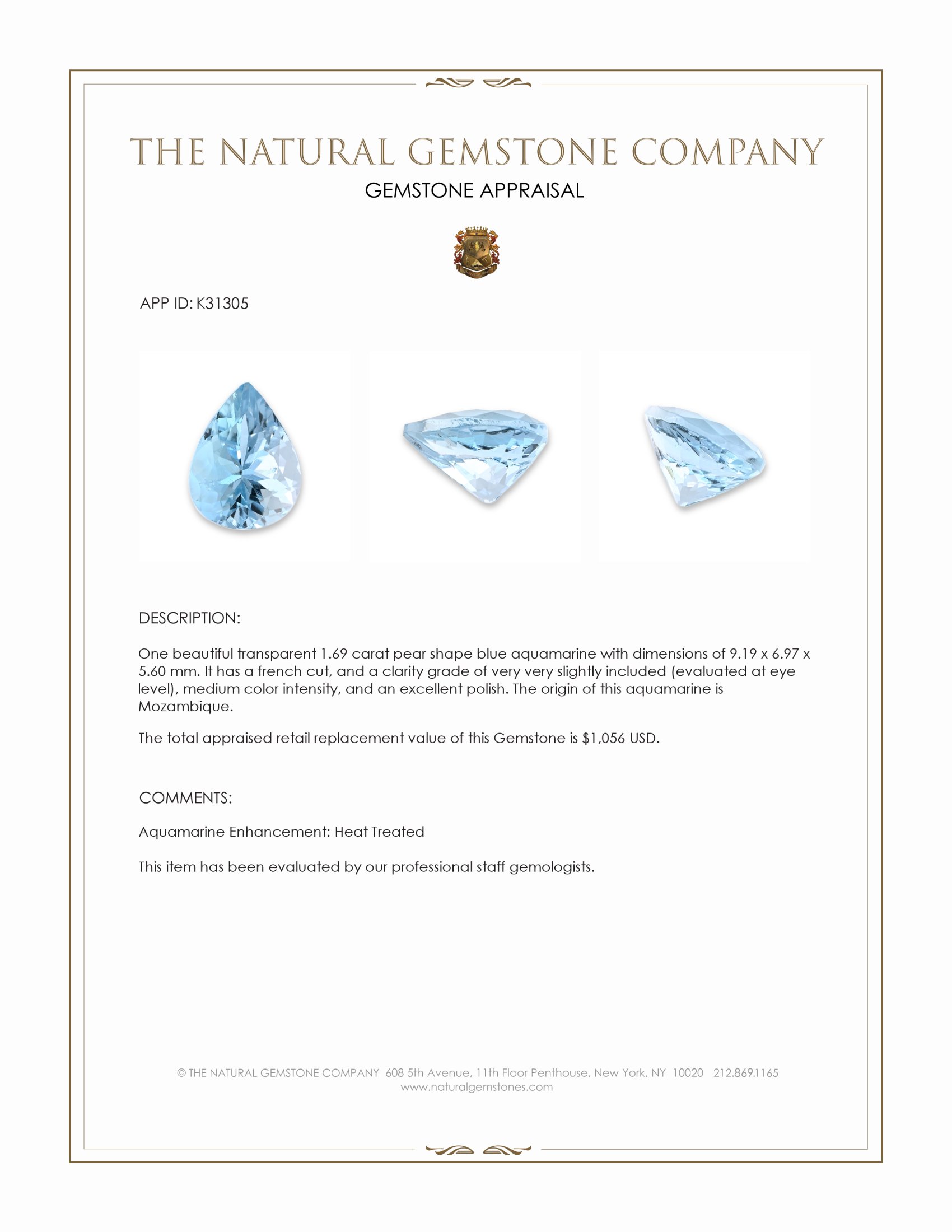 1.69 Ct. Blue Aquamarine from Mozambique