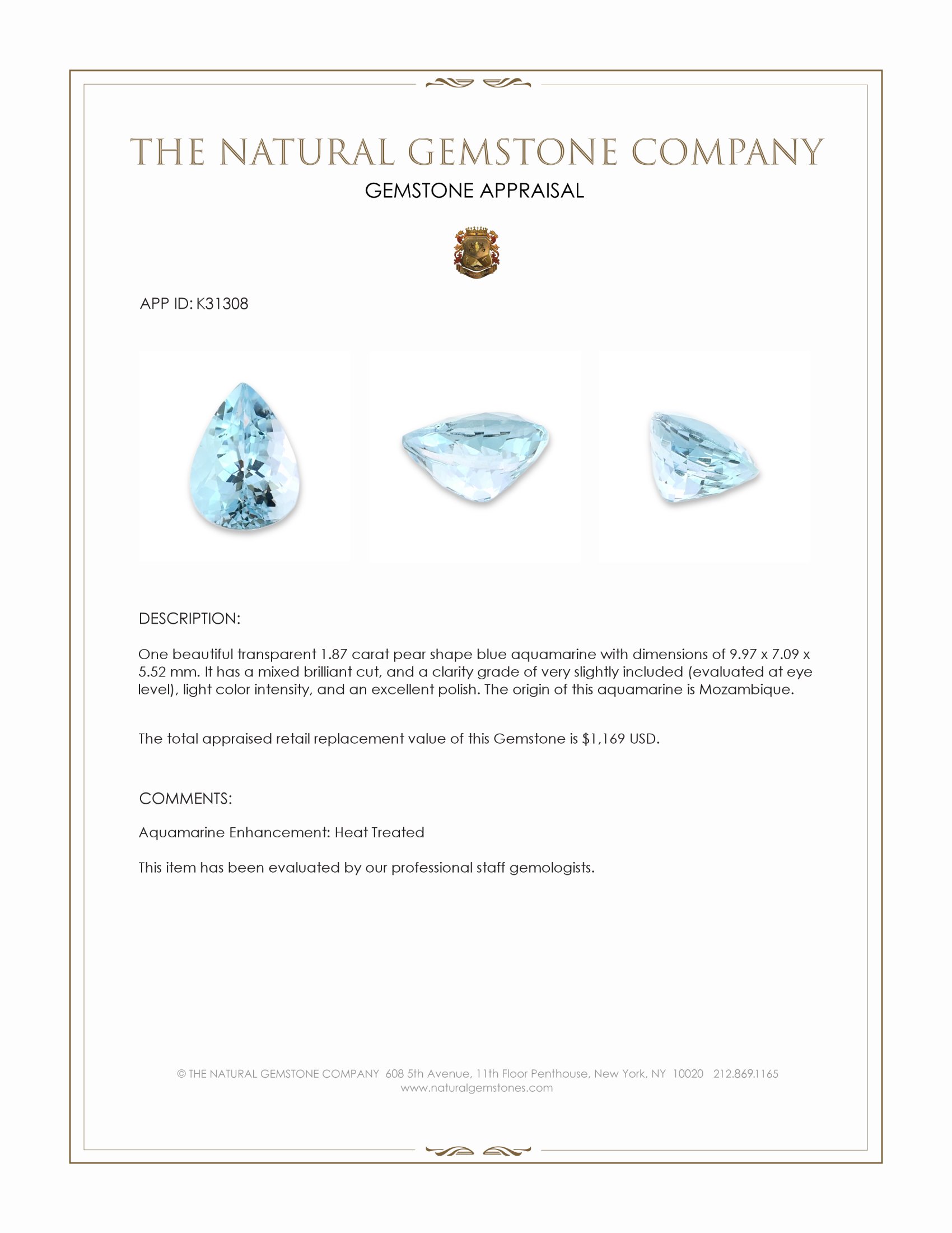 1.87 Ct. Blue Aquamarine from Mozambique
