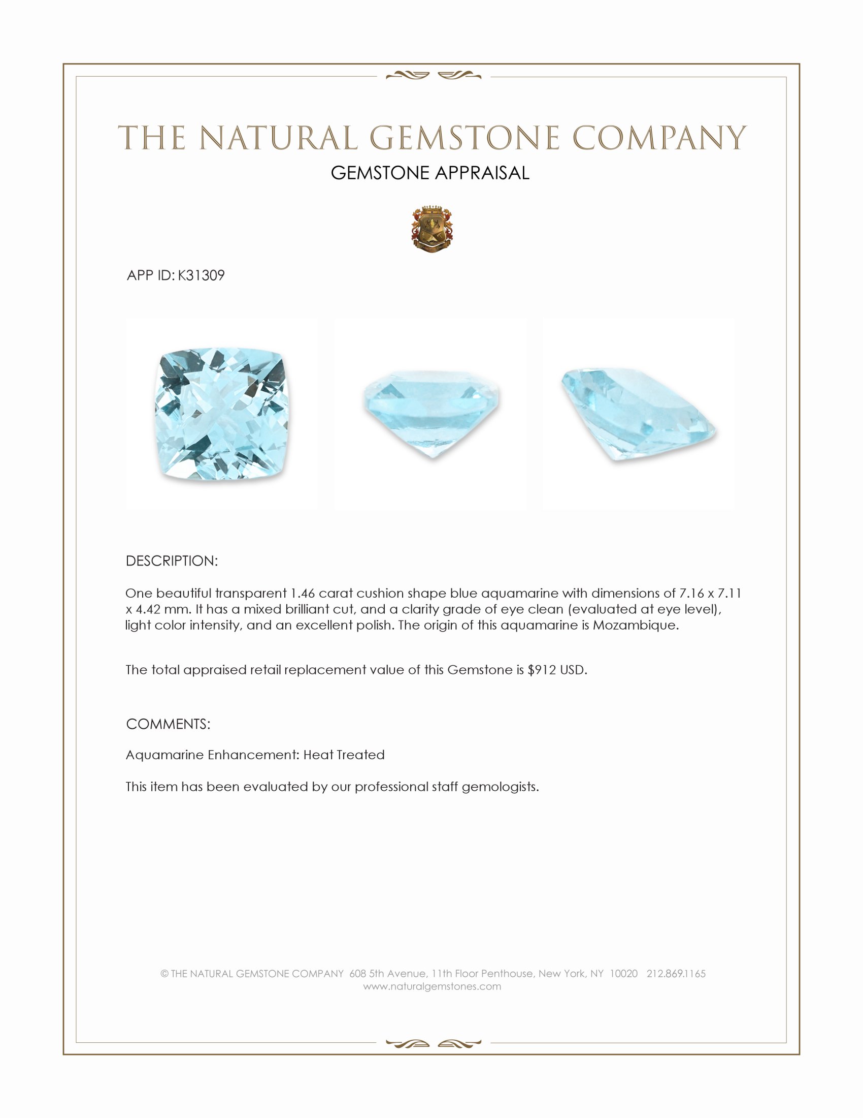 1.46 Ct. Blue Aquamarine from Mozambique
