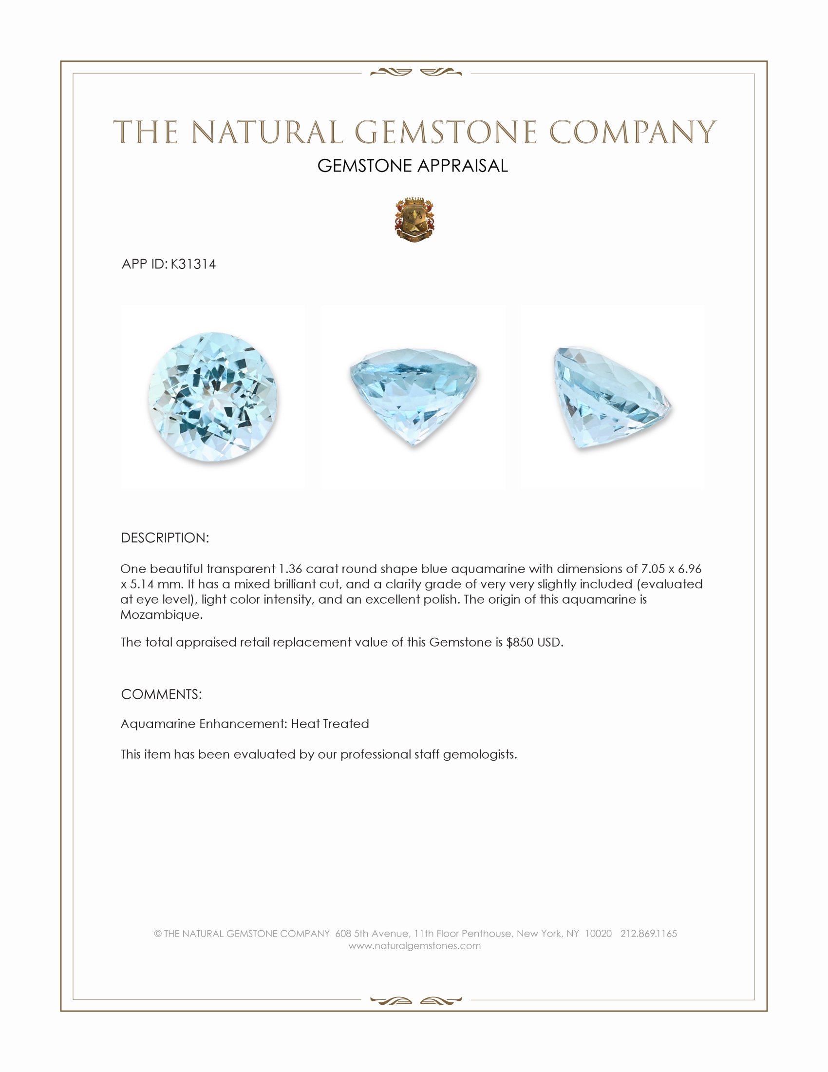 1.36 Ct. Blue Aquamarine from Mozambique