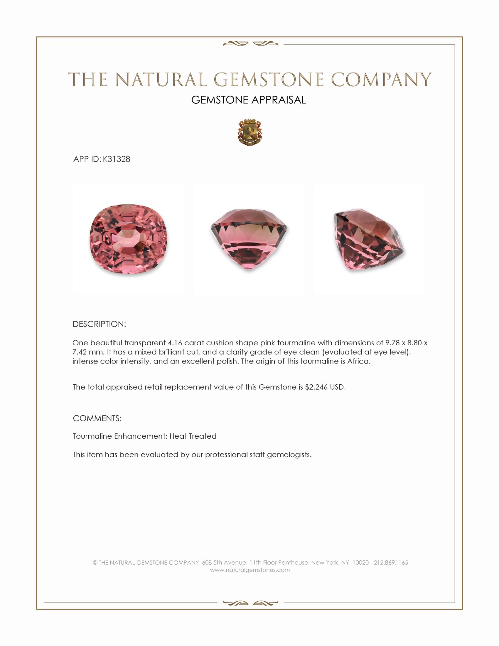4.16 Ct. Pink Tourmaline from Africa