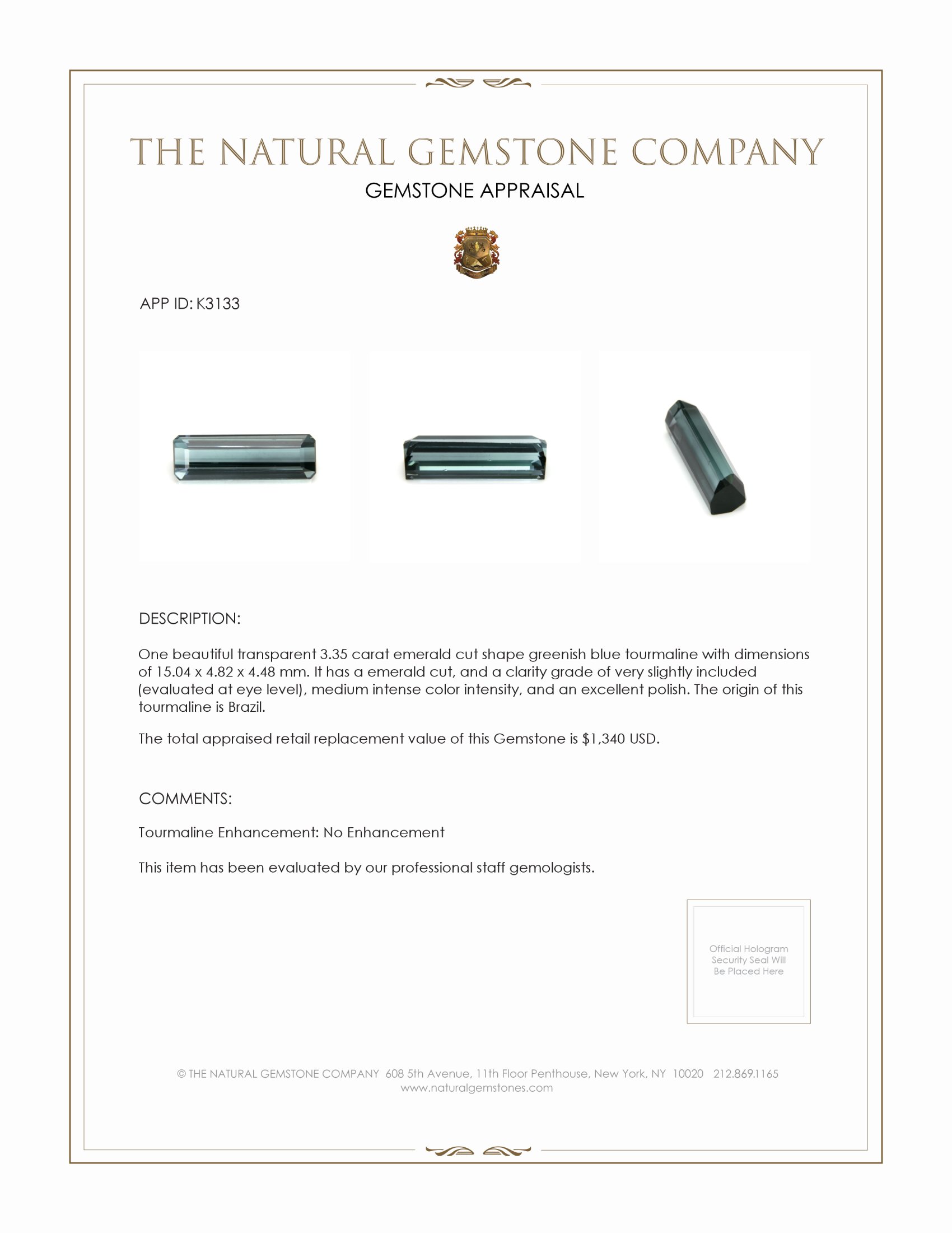 3.35 Ct. Tourmaline from Brazil