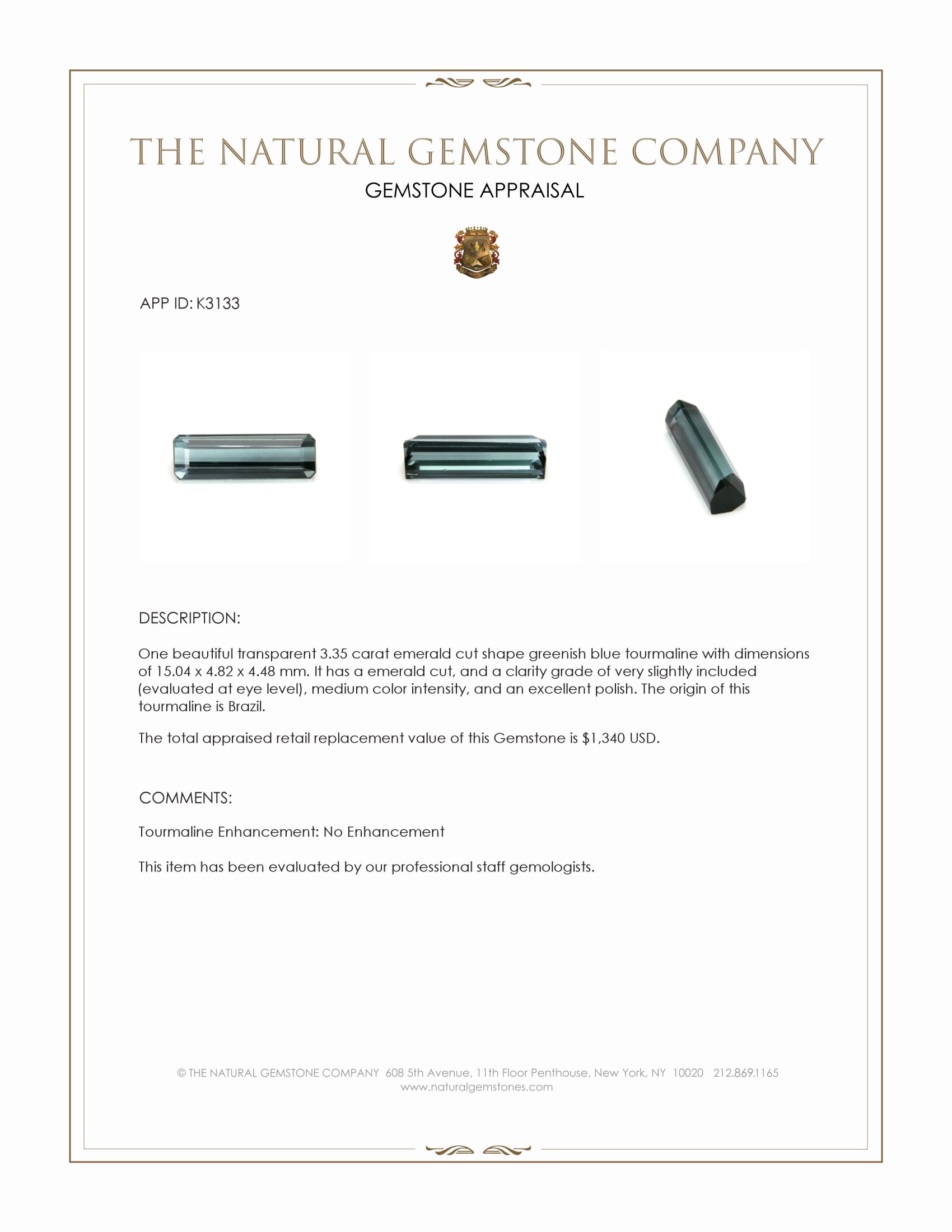 3.35 Ct. Greenish Blue Tourmaline from Brazil