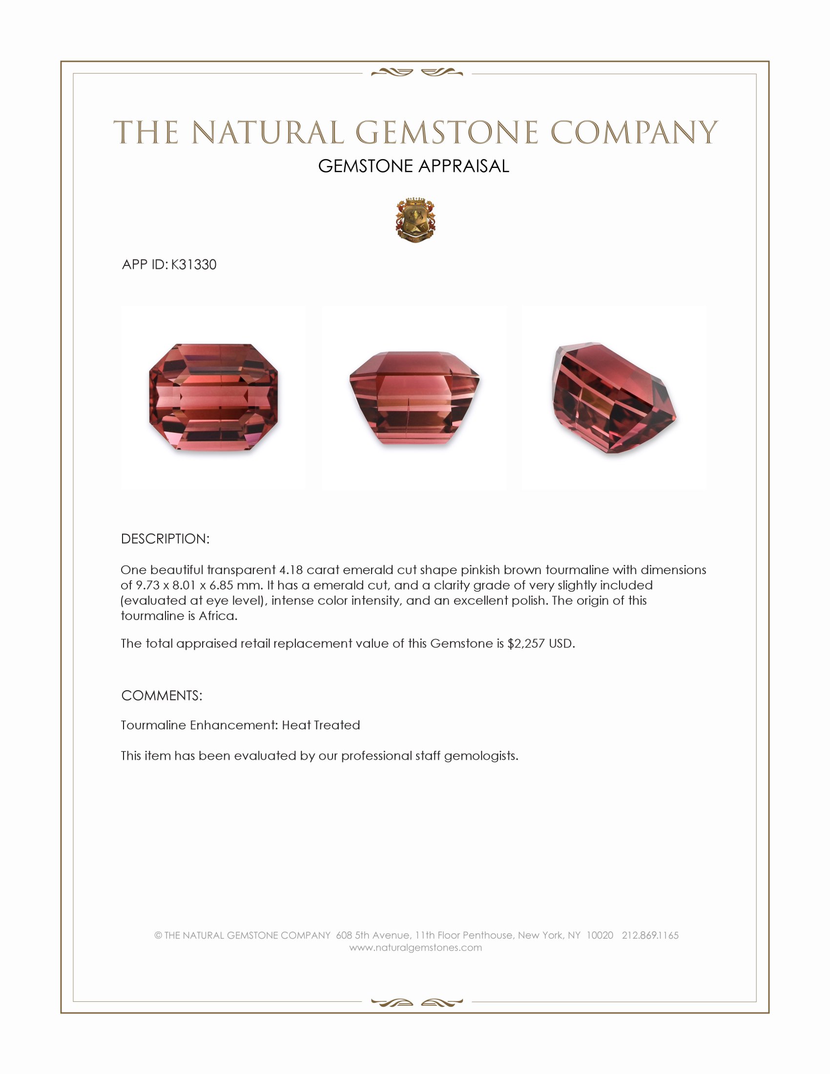 4.18 Ct. Pinkish Brown Tourmaline from Africa