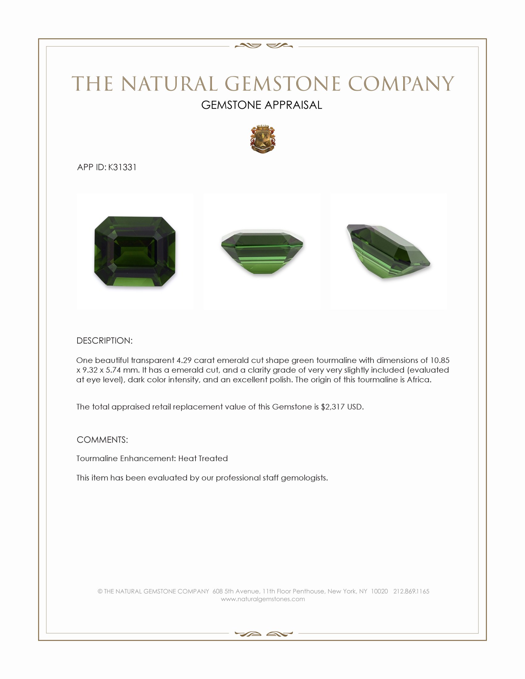 4.29 Ct. Green Tourmaline from Africa