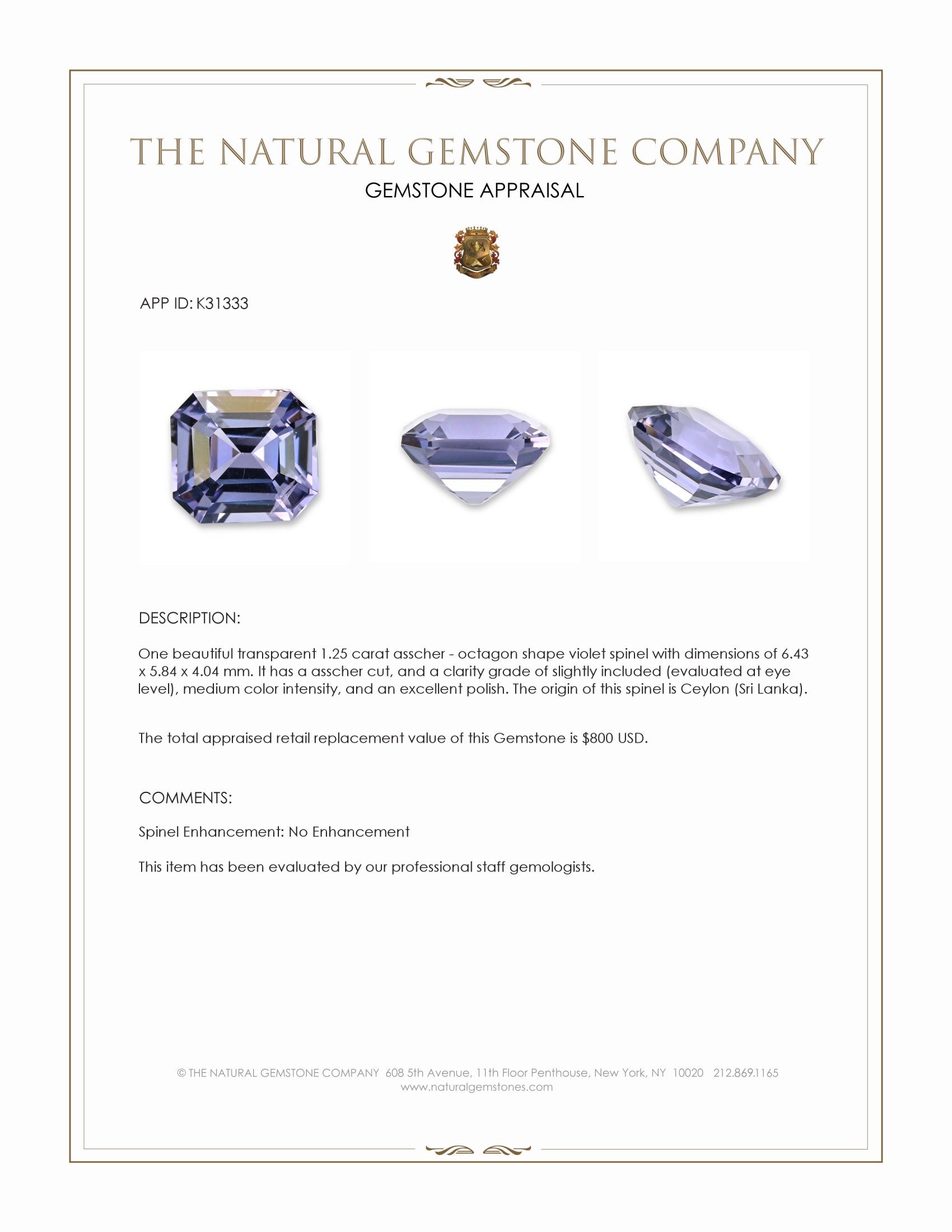 1.25 Ct. Violet Spinel from Ceylon (Sri Lanka)