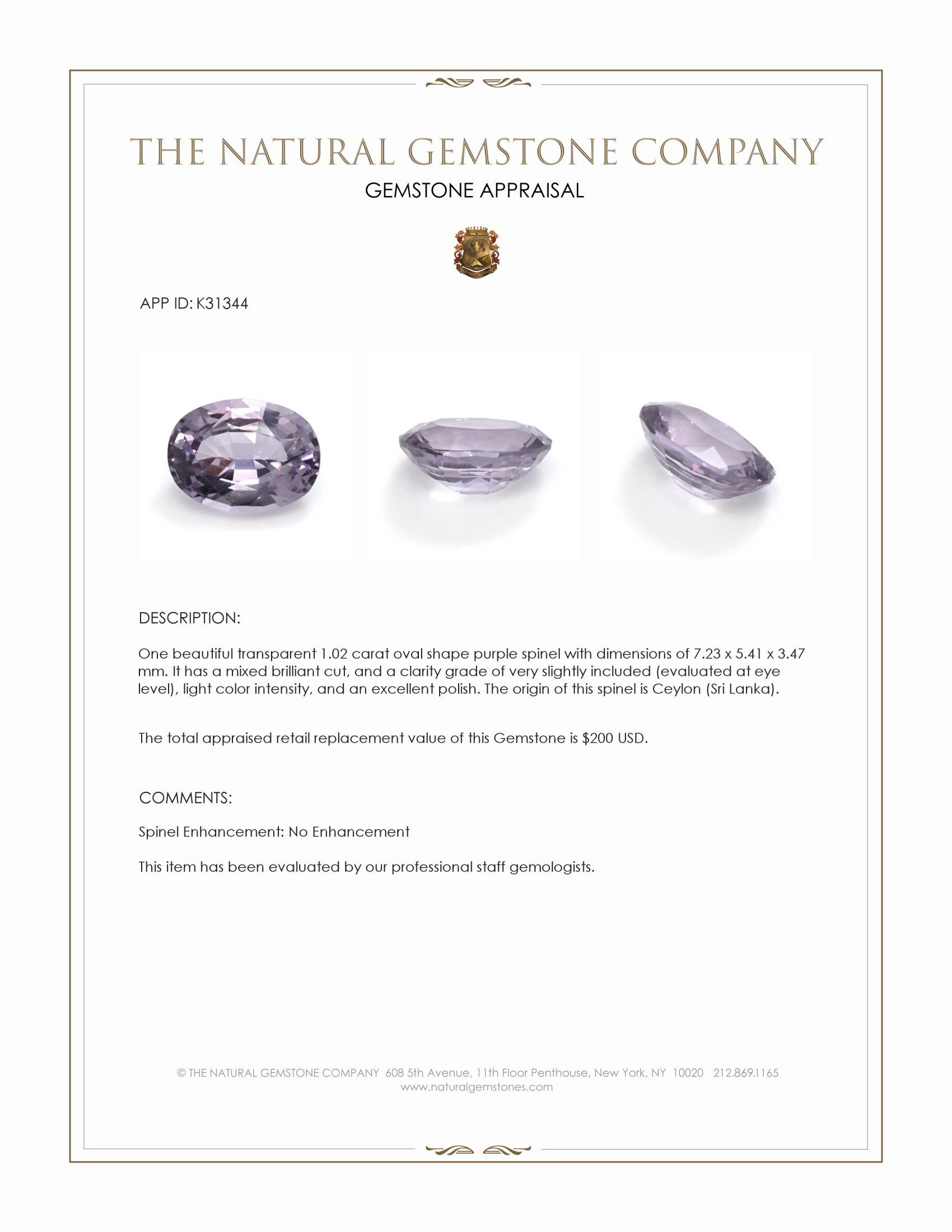 1.02 Ct. Purple Spinel from Ceylon (Sri Lanka)