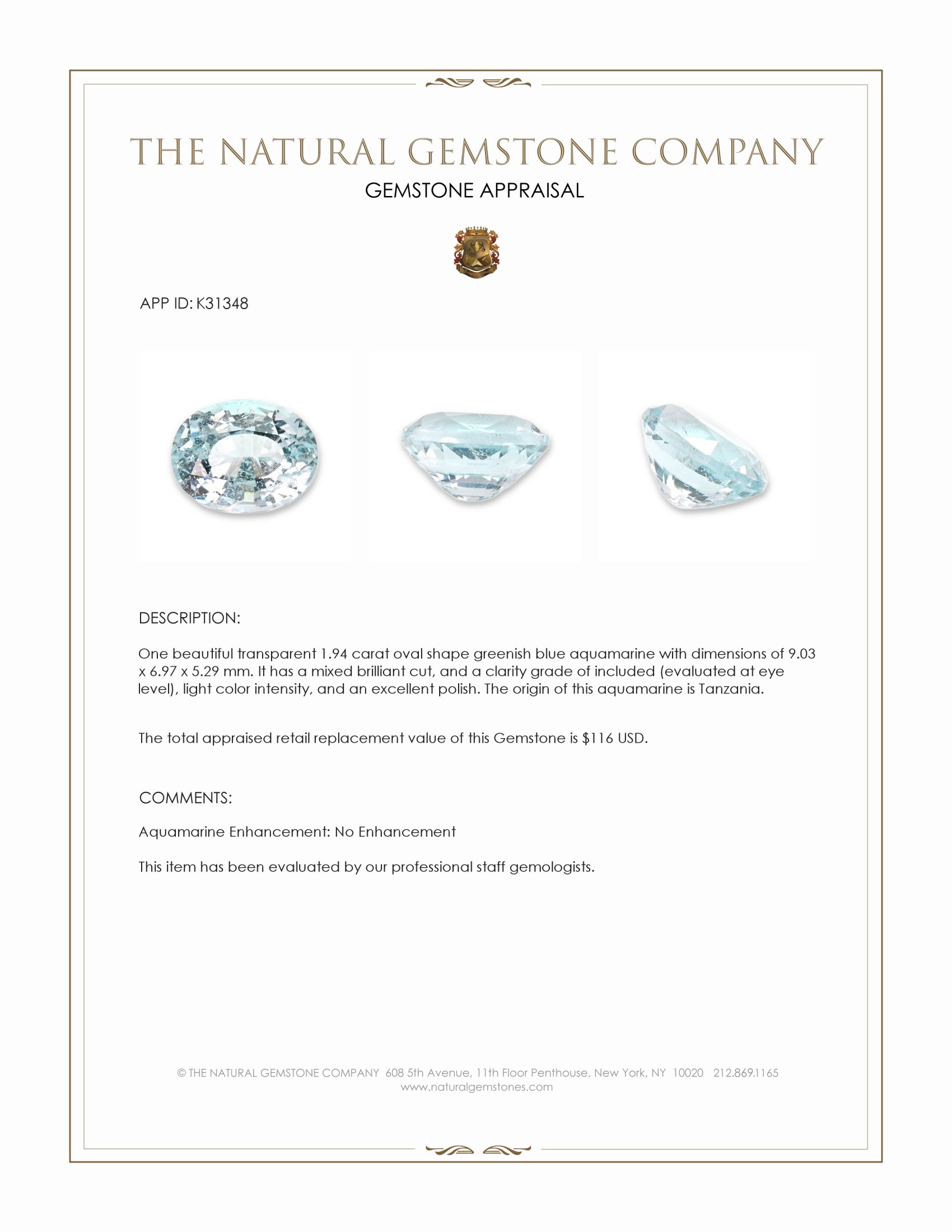 1.94 Ct. Greenish Blue Aquamarine from Tanzania