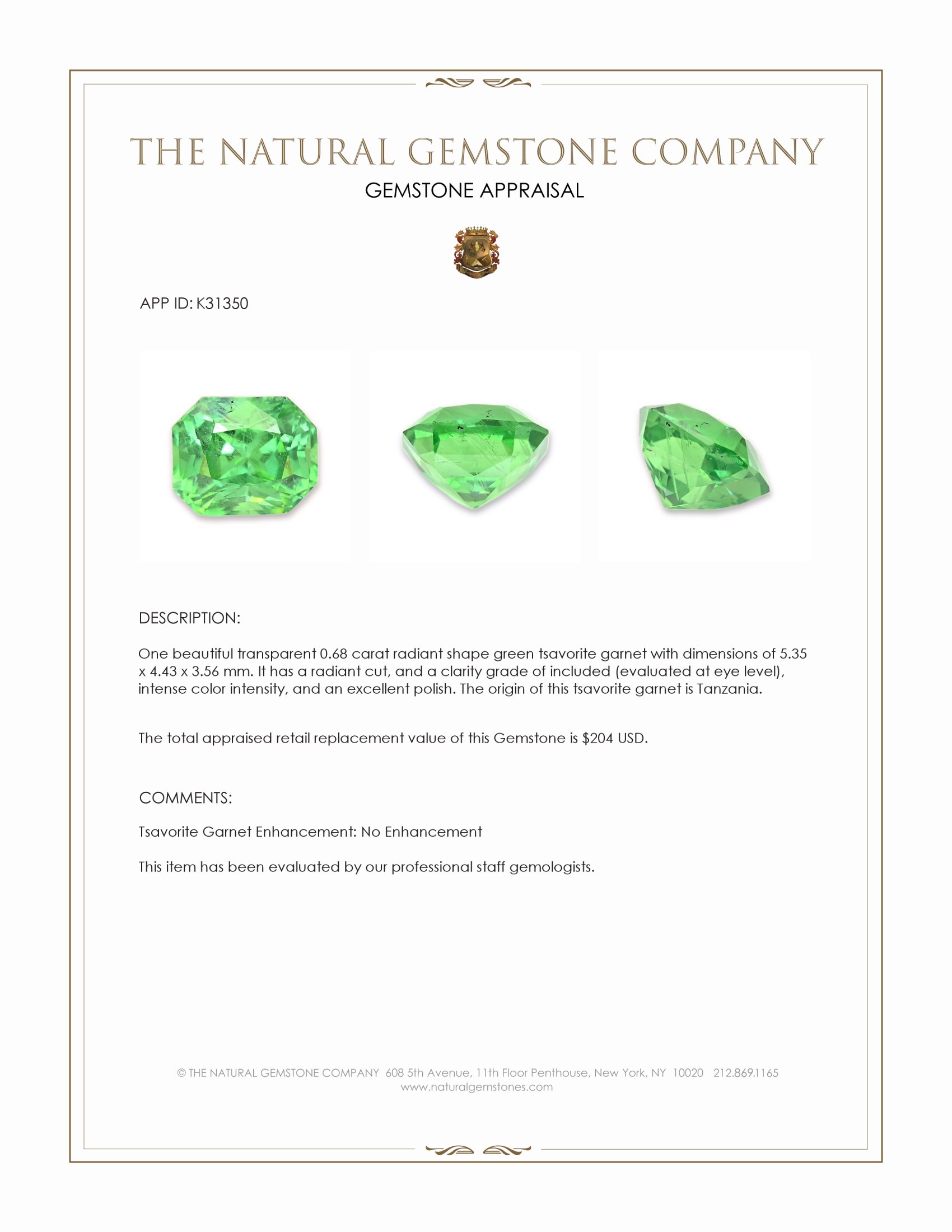 0.68 Ct. Tsavorite Garnet from Tanzania