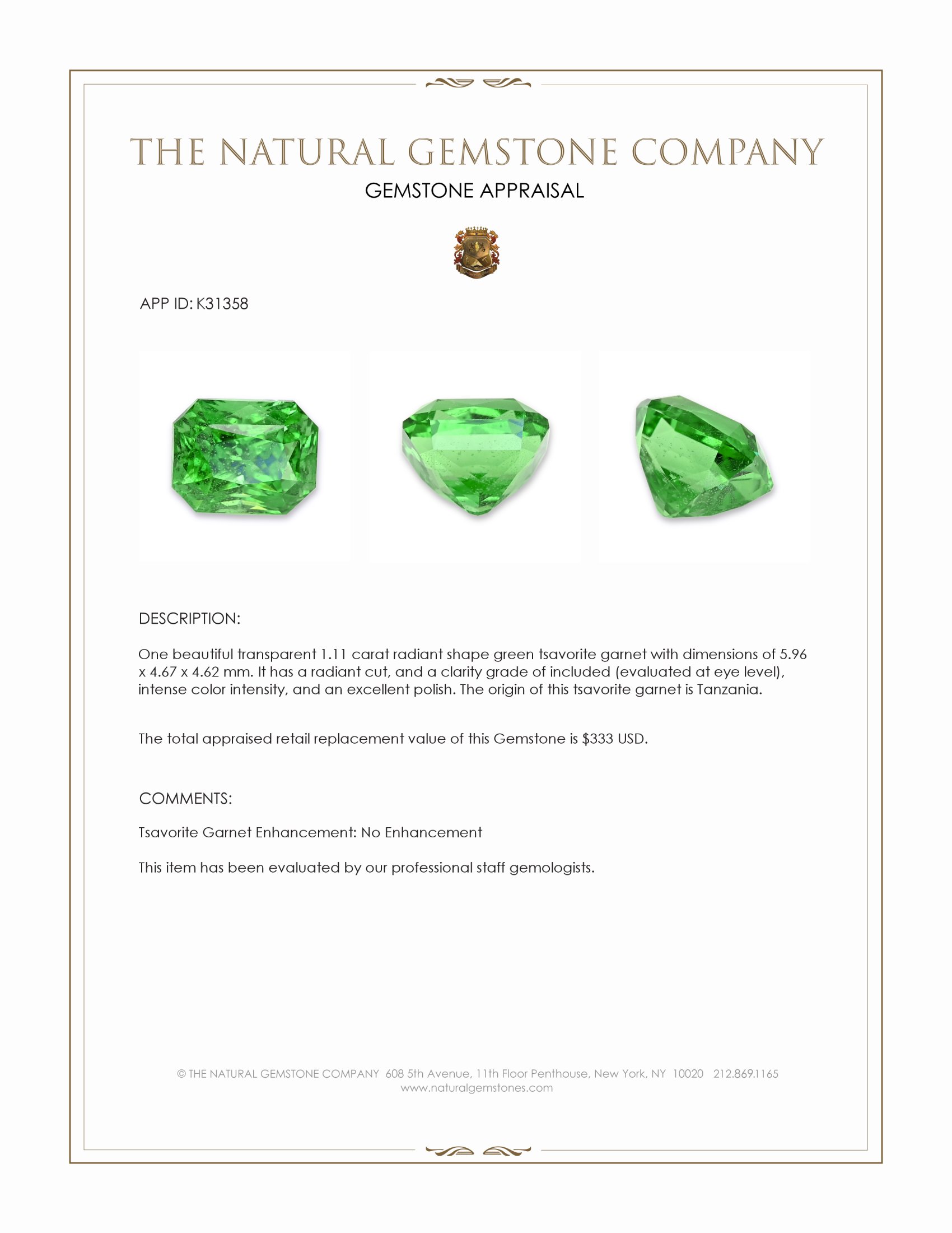 1.11 Ct. Tsavorite Garnet from Tanzania
