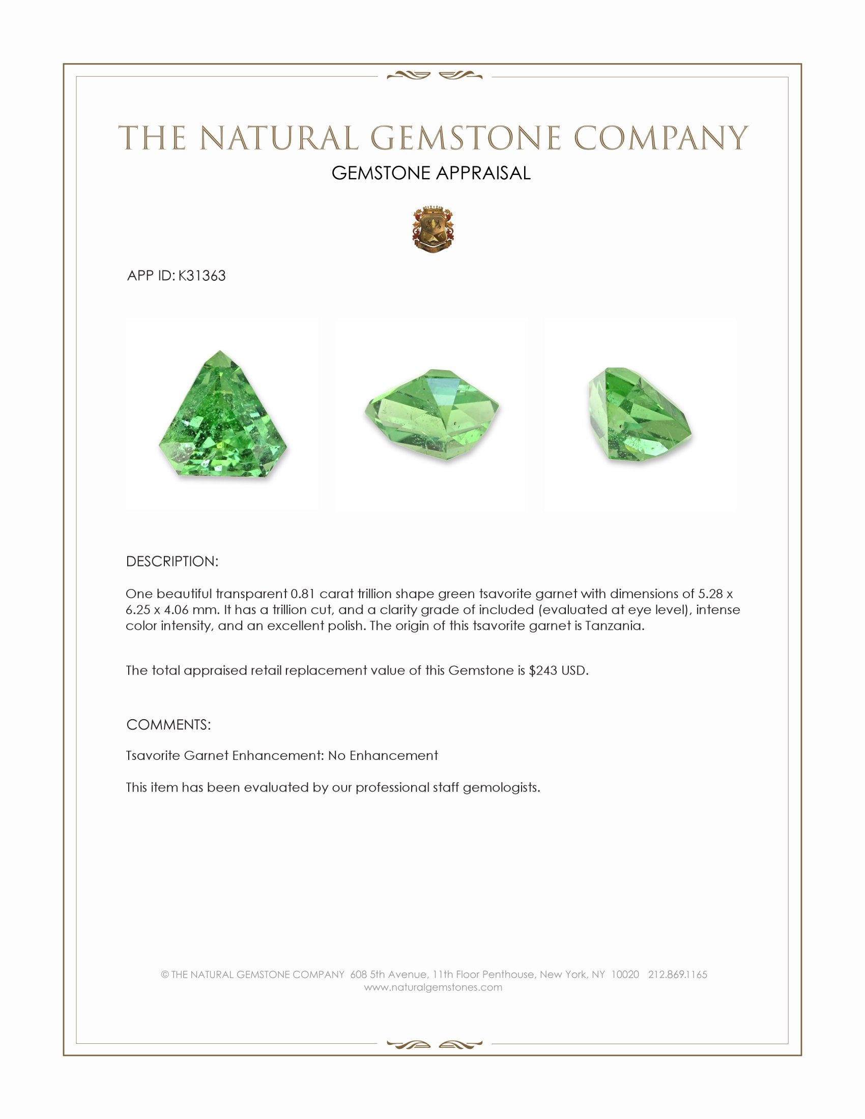 0.81 Ct. Tsavorite Garnet from Tanzania