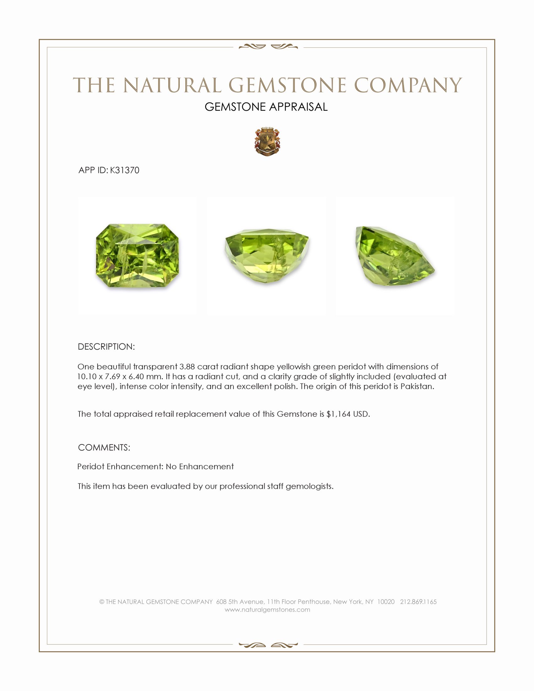 3.88 Ct. Yellowish Green Peridot from Pakistan