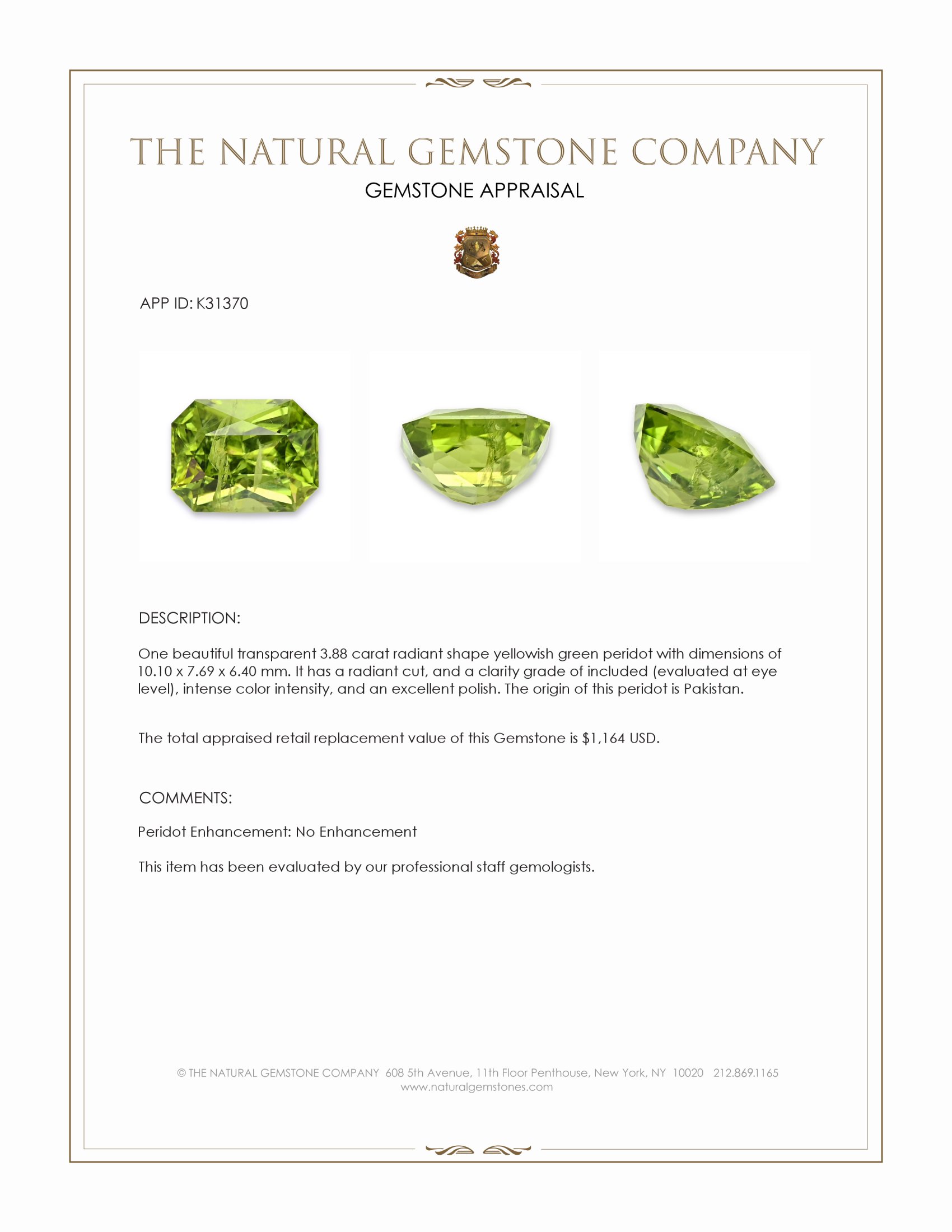 3.88 Ct. Yellowish Green Peridot from Pakistan