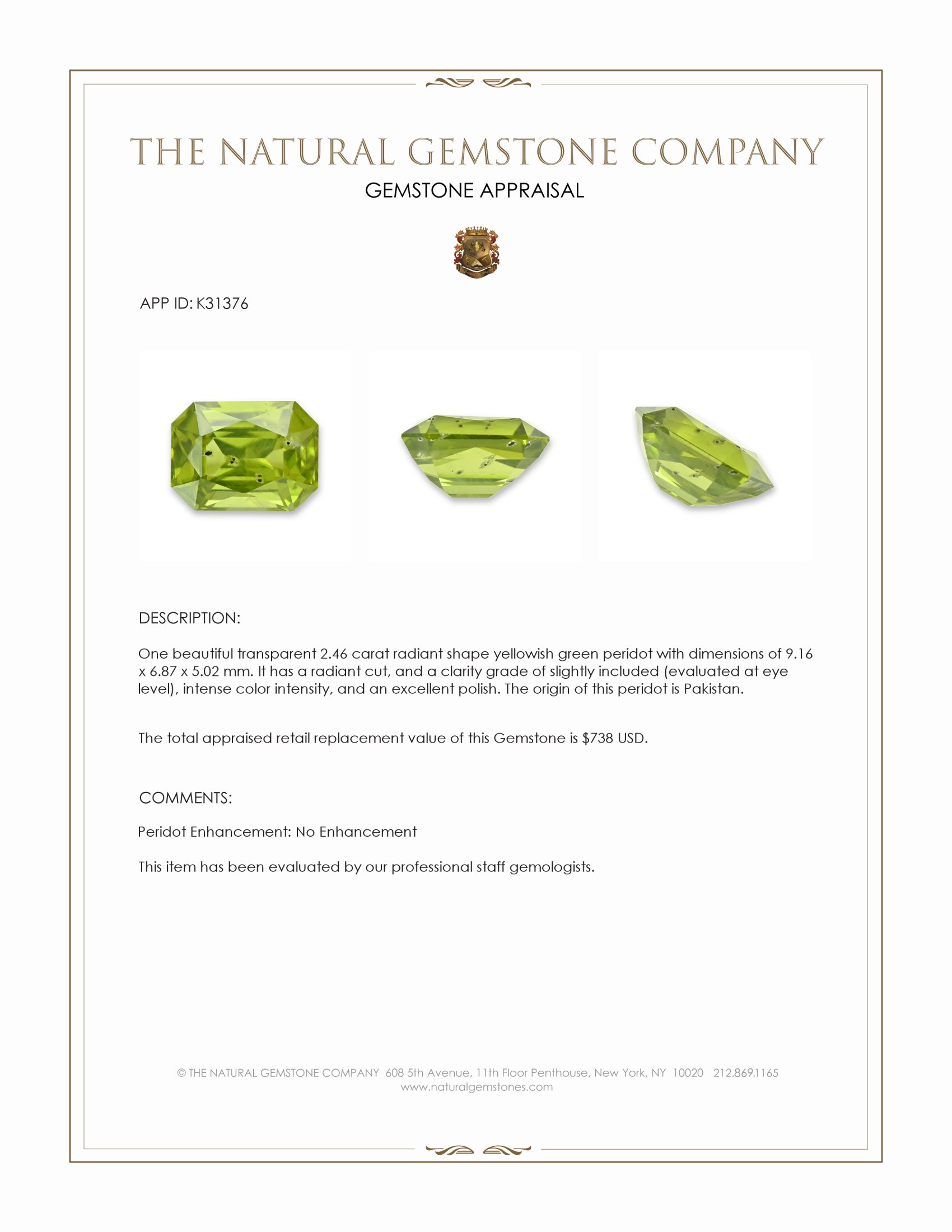2.46 Ct. Yellowish Green Peridot from Pakistan