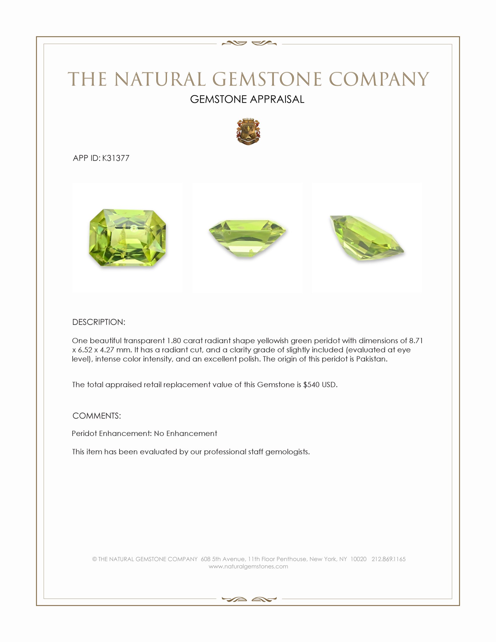 1.80 Ct. Yellowish Green Peridot from Pakistan