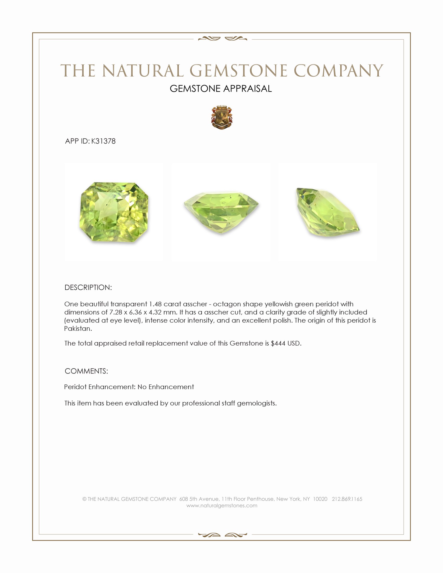 1.48 Ct. Yellowish Green Peridot from Pakistan